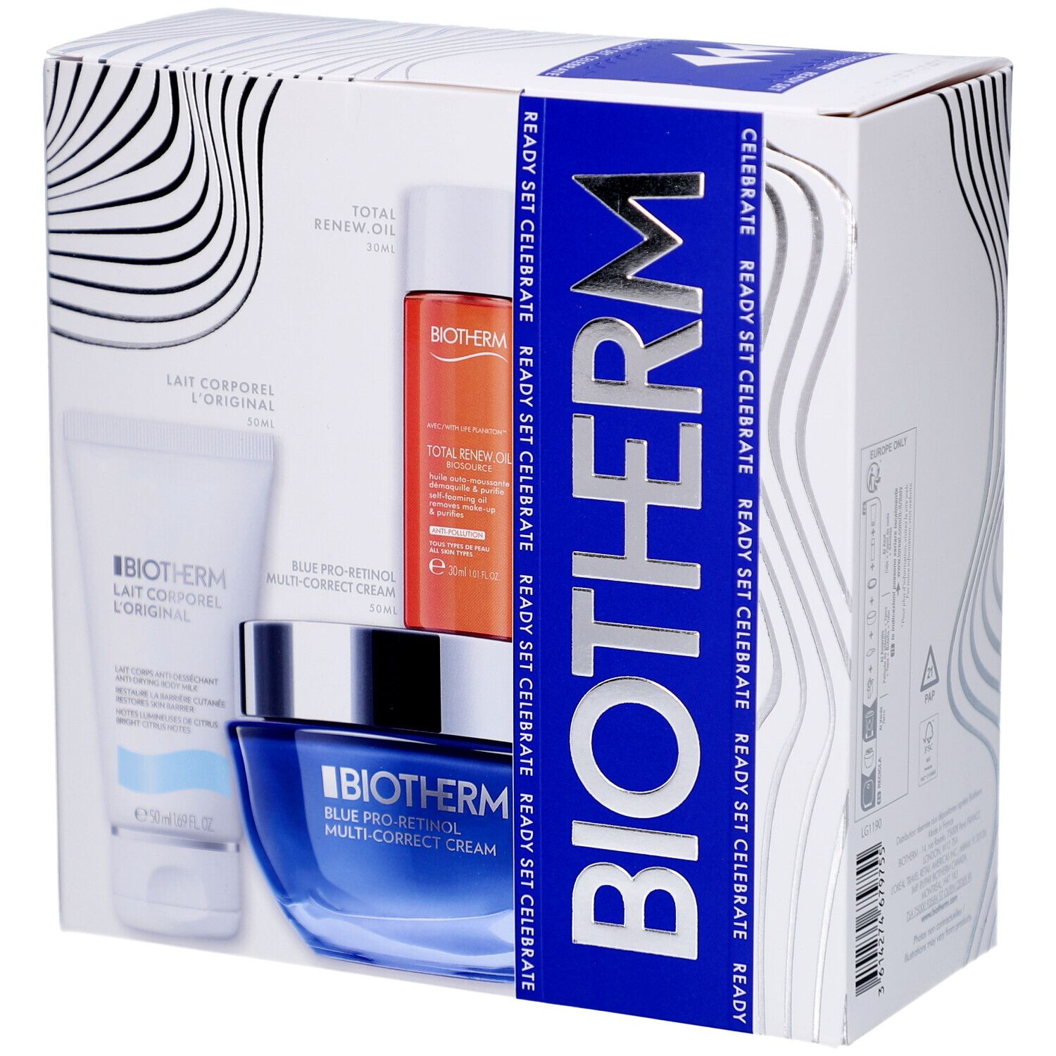 Coffret cadeau BIOTHERM. Contient crème, huile et lotion. Emballage avec ruban bleu et inscription.