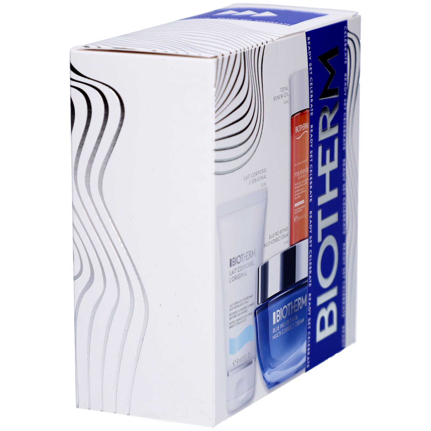 Vue latérale du coffret cadeau BIOTHERM. Contient crème, huile et lotion. Emballage avec ruban bleu.