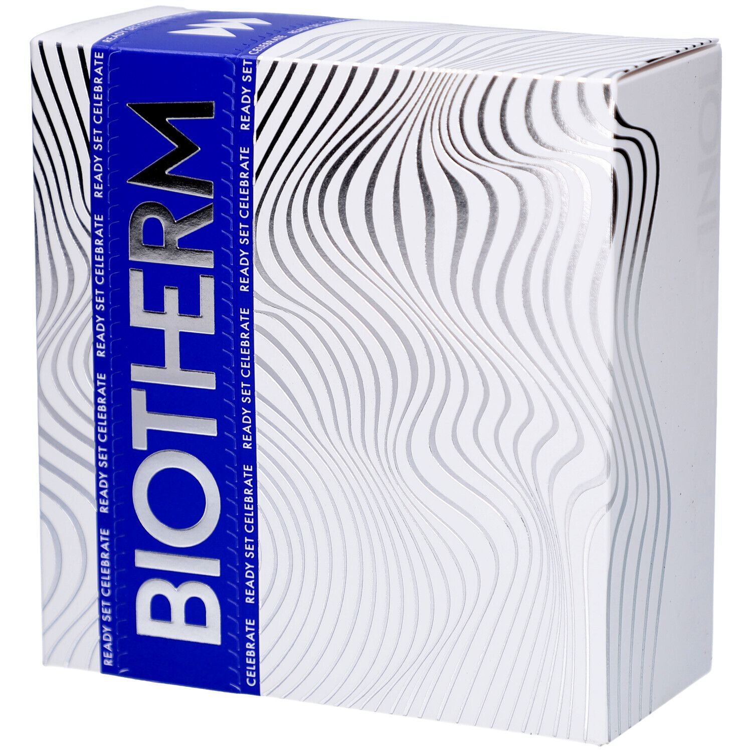 Coffret cadeau avec logo BIOTHERM et ruban bleu. Emballage avec motif ondulé. Inscription 'READY SET CELEBRATE'.