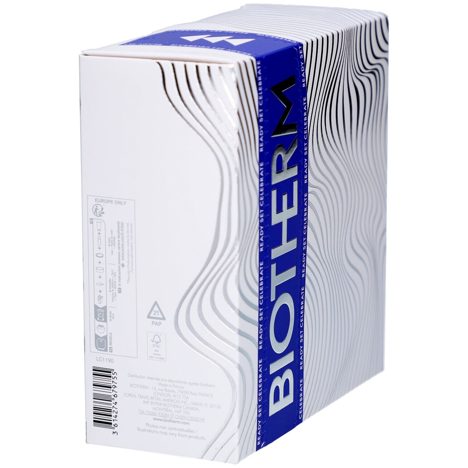 Dos du coffret cadeau avec logo BIOTHERM et ruban bleu. Emballage avec motif ondulé. Code-barres visible.