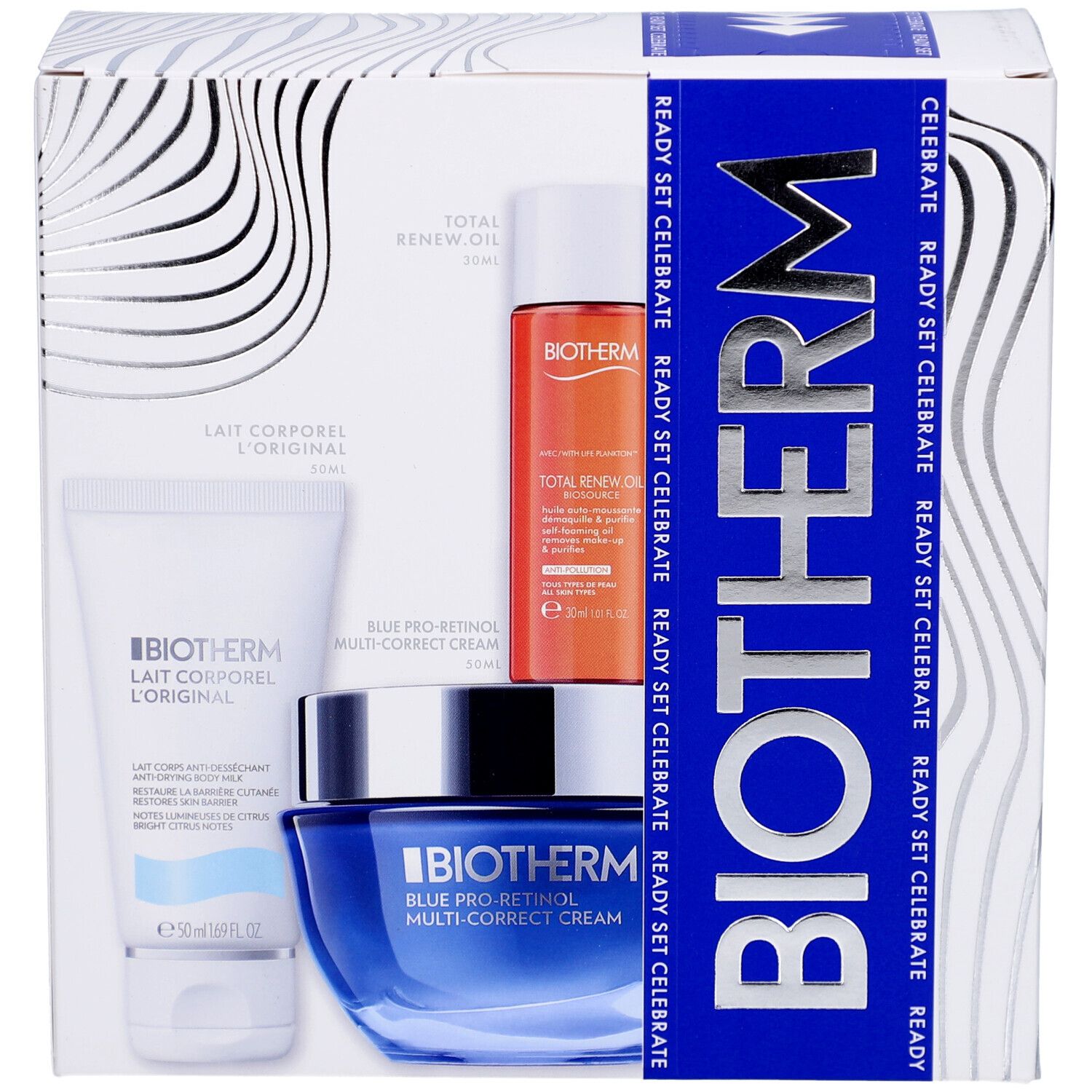 Coffret cadeau BIOTHERM. Contient crème, huile et lotion. Emballage avec ruban bleu et inscription.