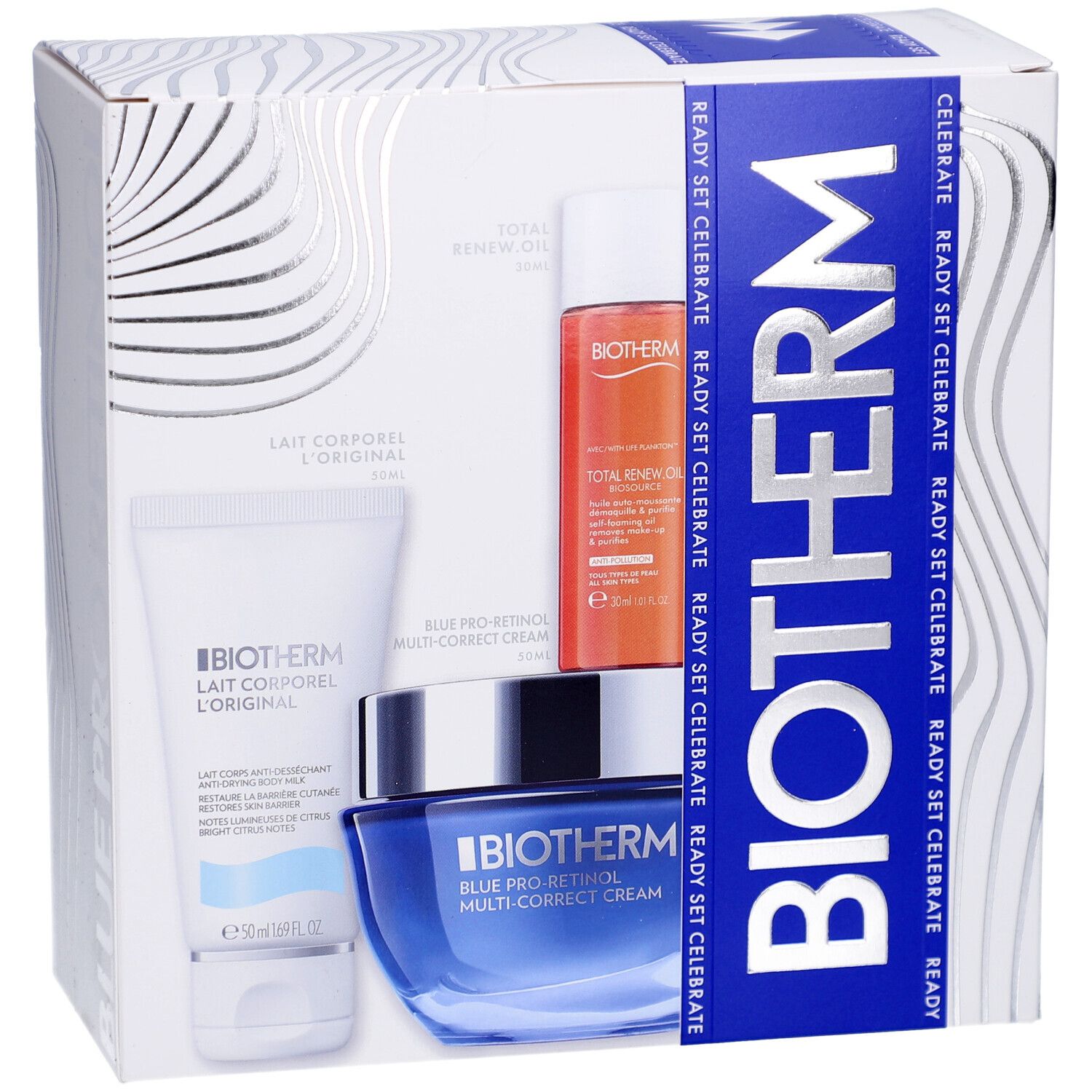 Coffret cadeau BIOTHERM. Contient crème, huile et lotion. Emballage avec ruban bleu et inscription.