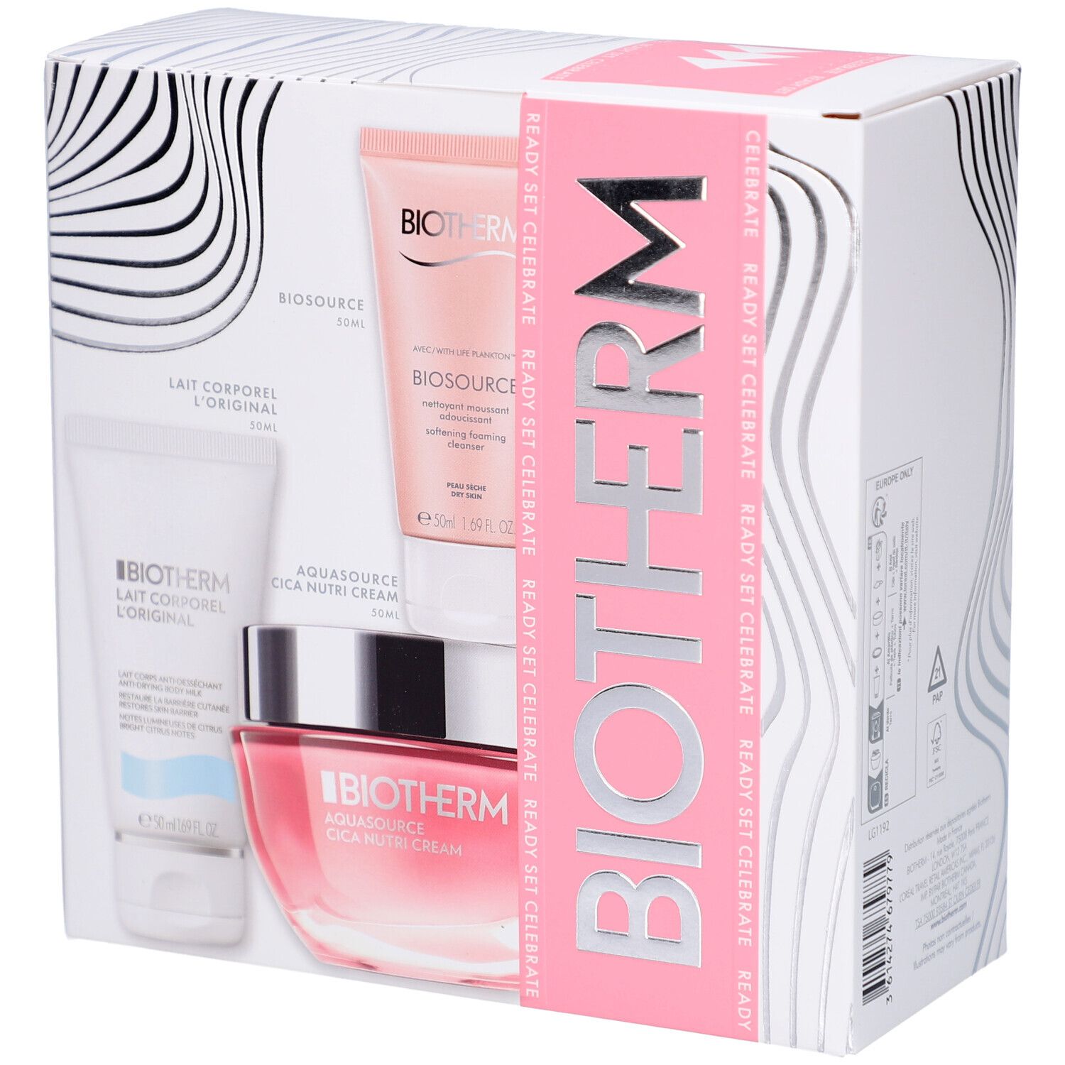 Coffret BIOTHERM. Contient Lait Corporel, Biosource et Aquasource Cica Nutri Cream. Emballage avec accents roses et noms de produits.