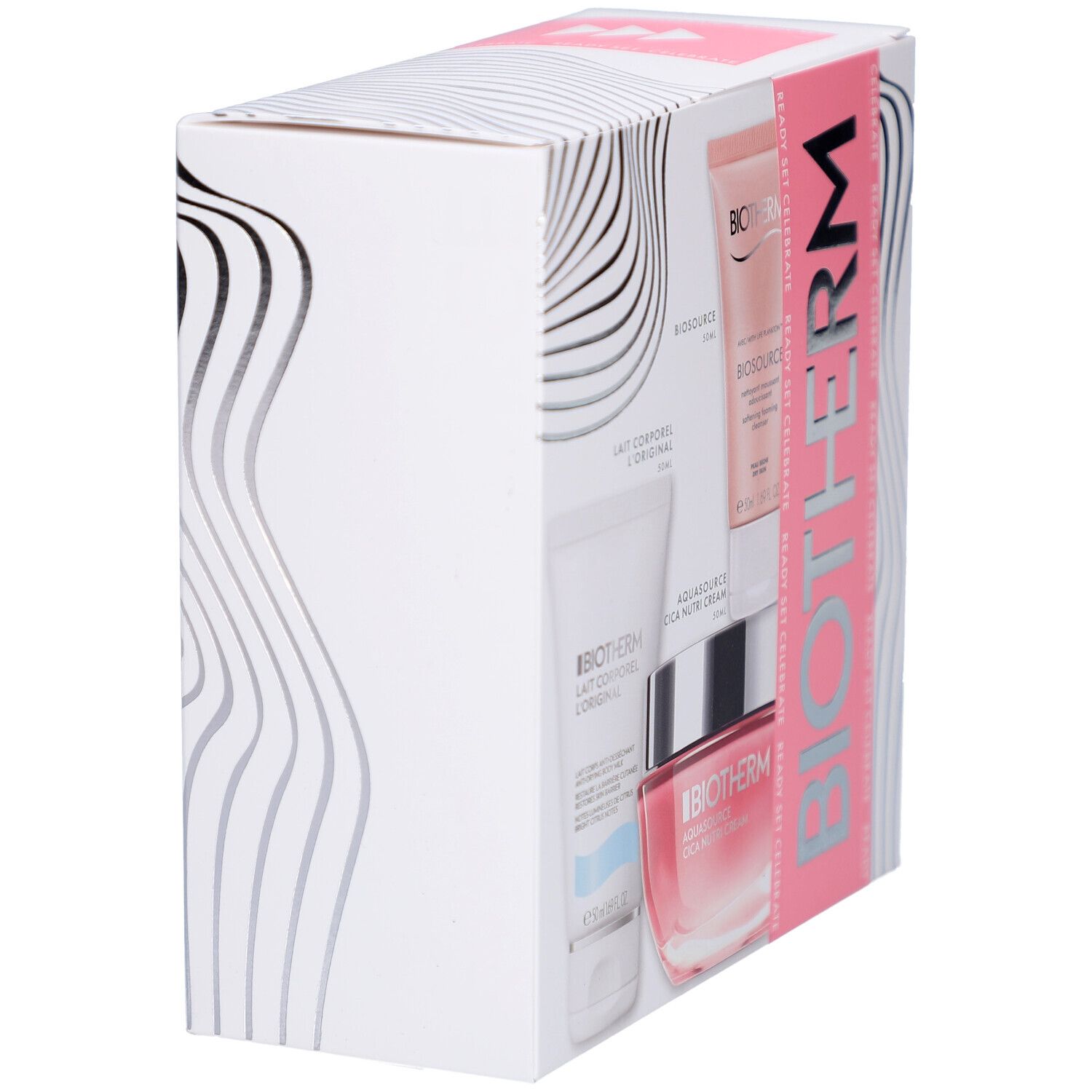 Coffret BIOTHERM, vue latérale. Contient Lait Corporel, Biosource et Aquasource Cica Nutri Cream. Emballage avec accents roses.