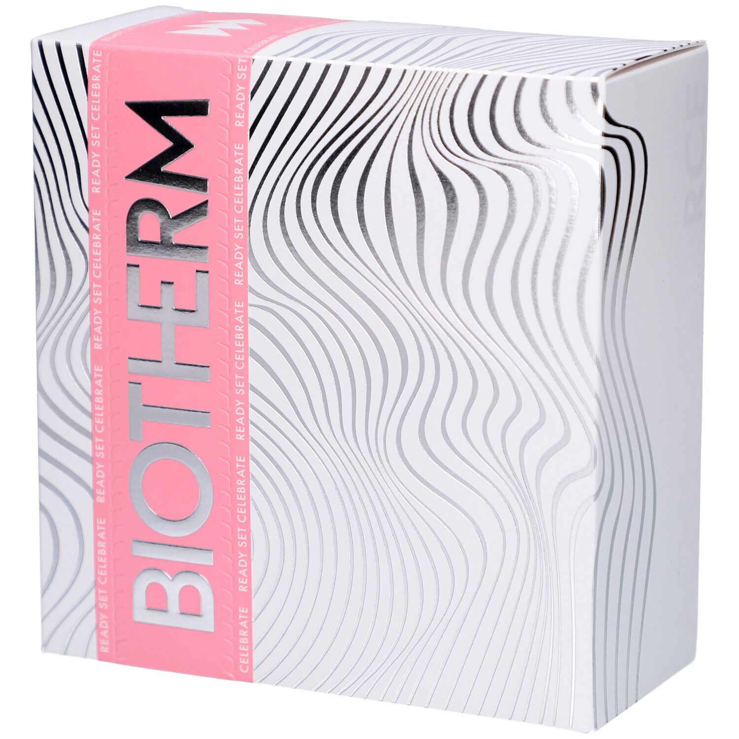 Boîte cadeau BIOTHERM avec motif ondulé et accents roses. Le mot-symbole BIOTHERM est bien en évidence.