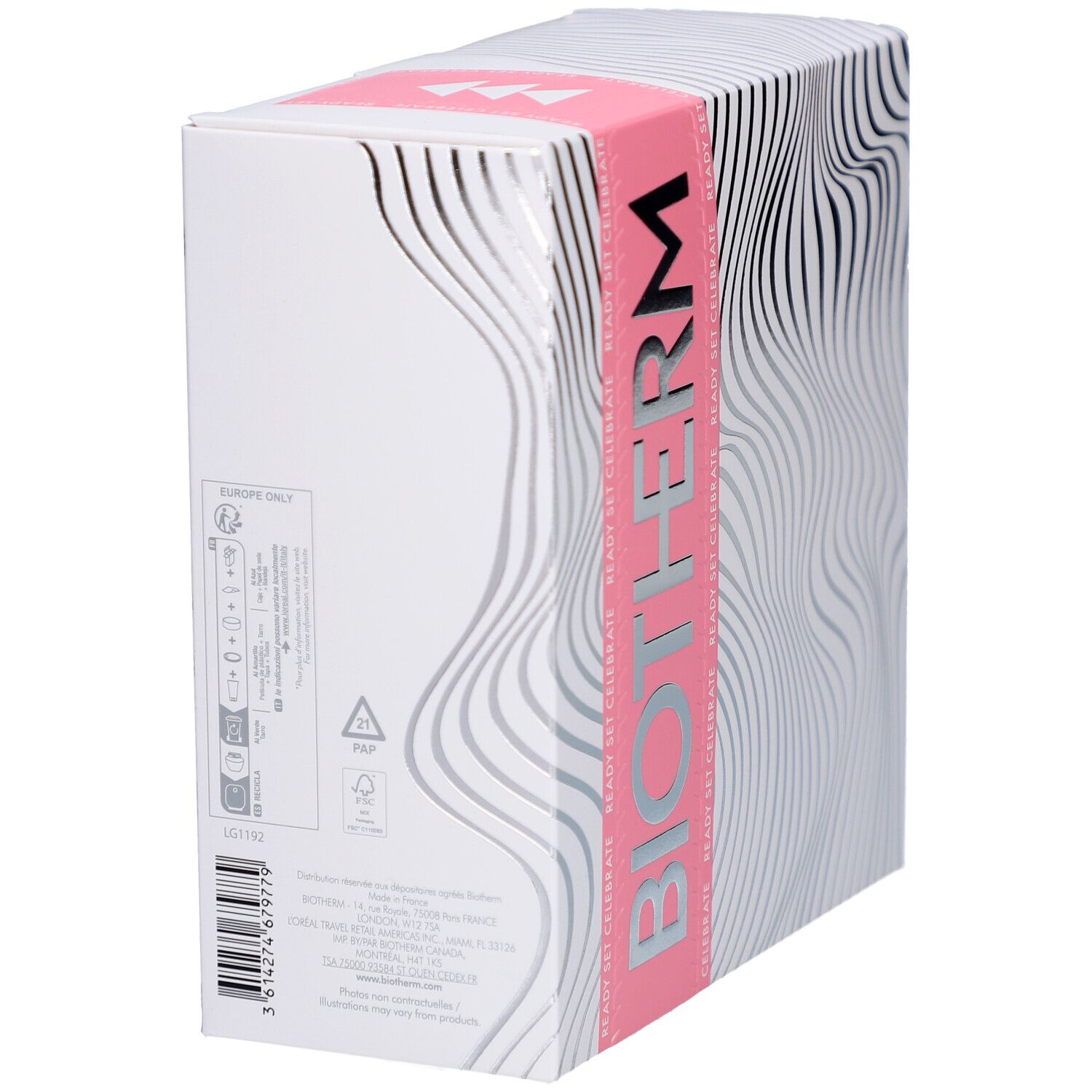 Dos de la boîte cadeau BIOTHERM. Contient des informations et des logos. Accent rose avec le mot-symbole BIOTHERM.