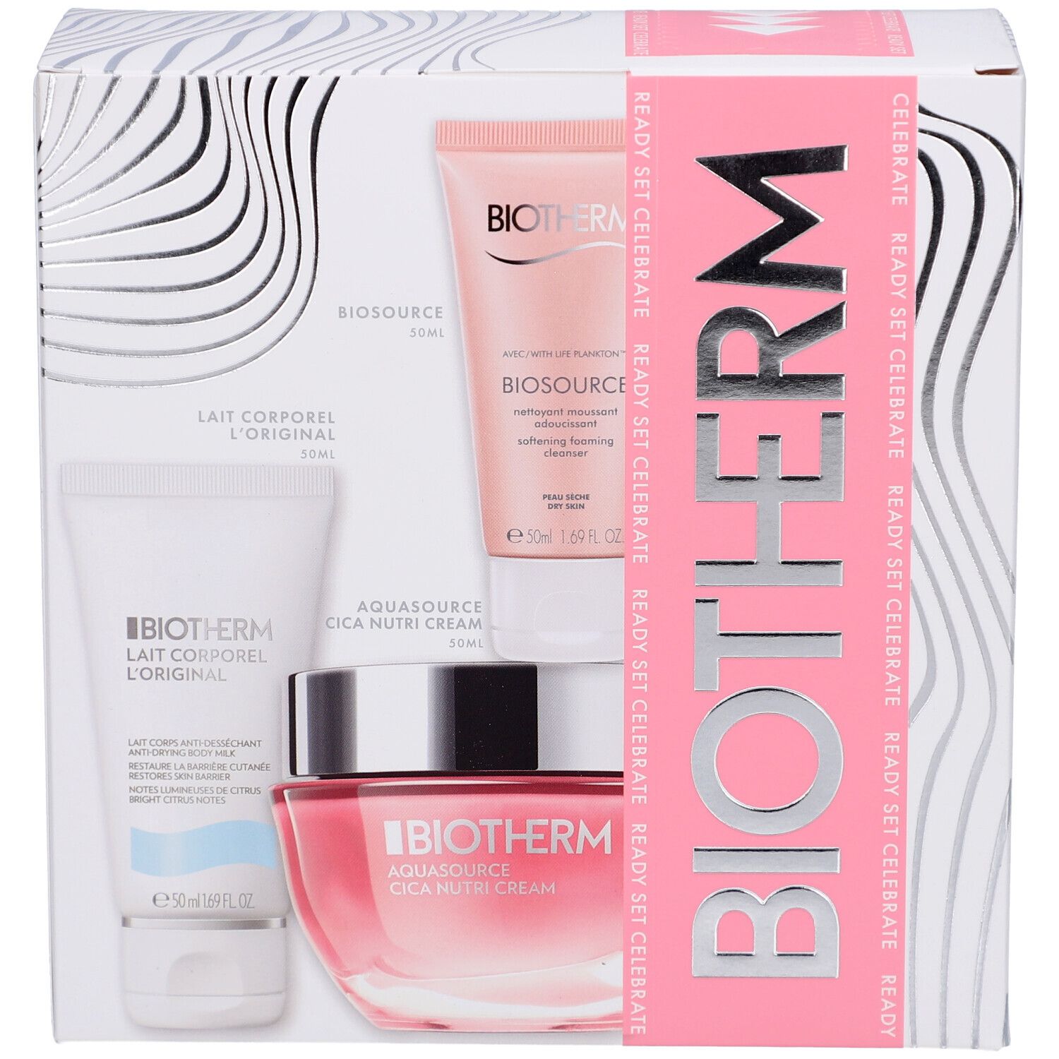 Coffret BIOTHERM avec Lait Corporel, Biosource et Aquasource Cica Nutri Cream. Produits visibles dans l'emballage.