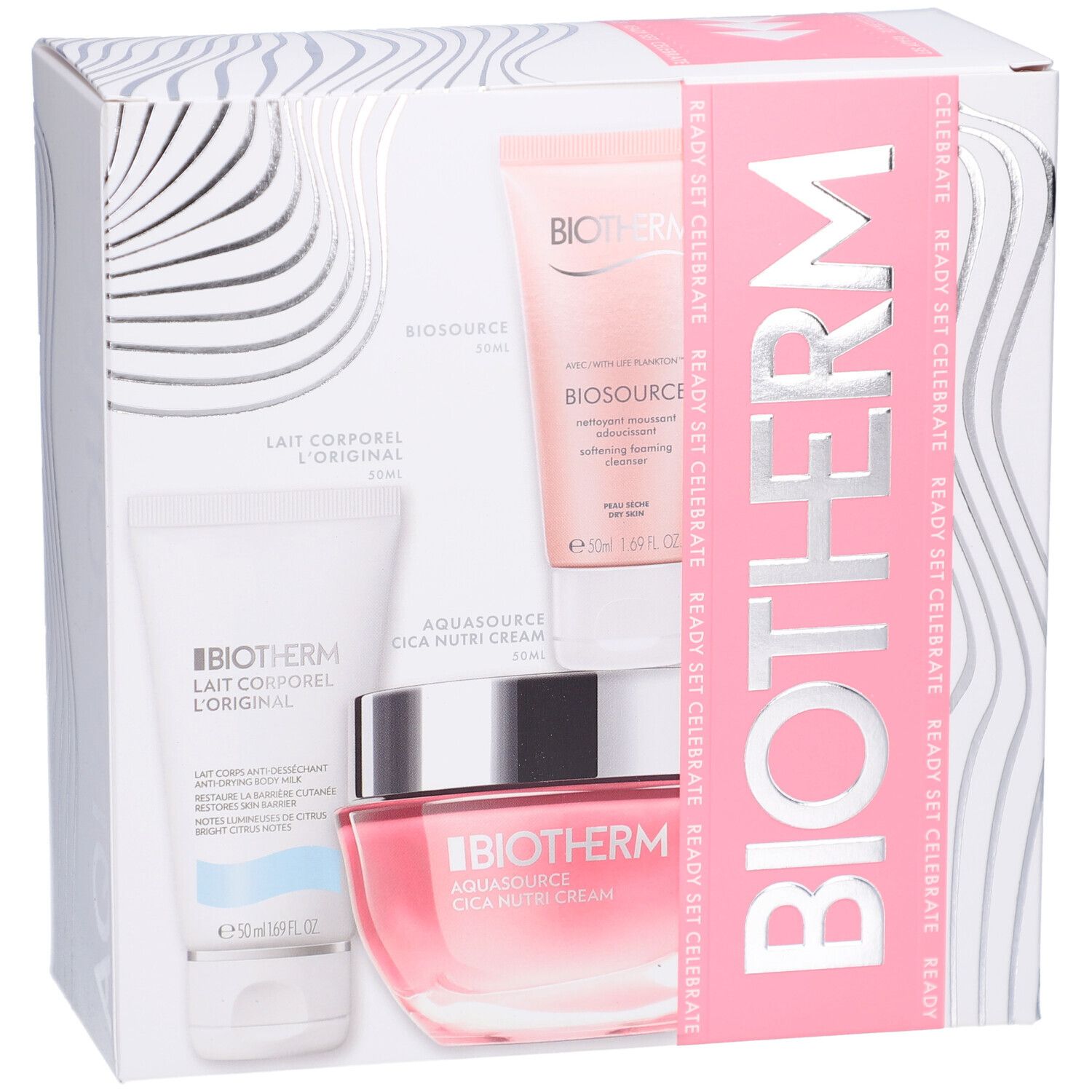 Coffret BIOTHERM avec Lait Corporel, Biosource et Aquasource Cica Nutri Cream. Produits dans l'emballage.