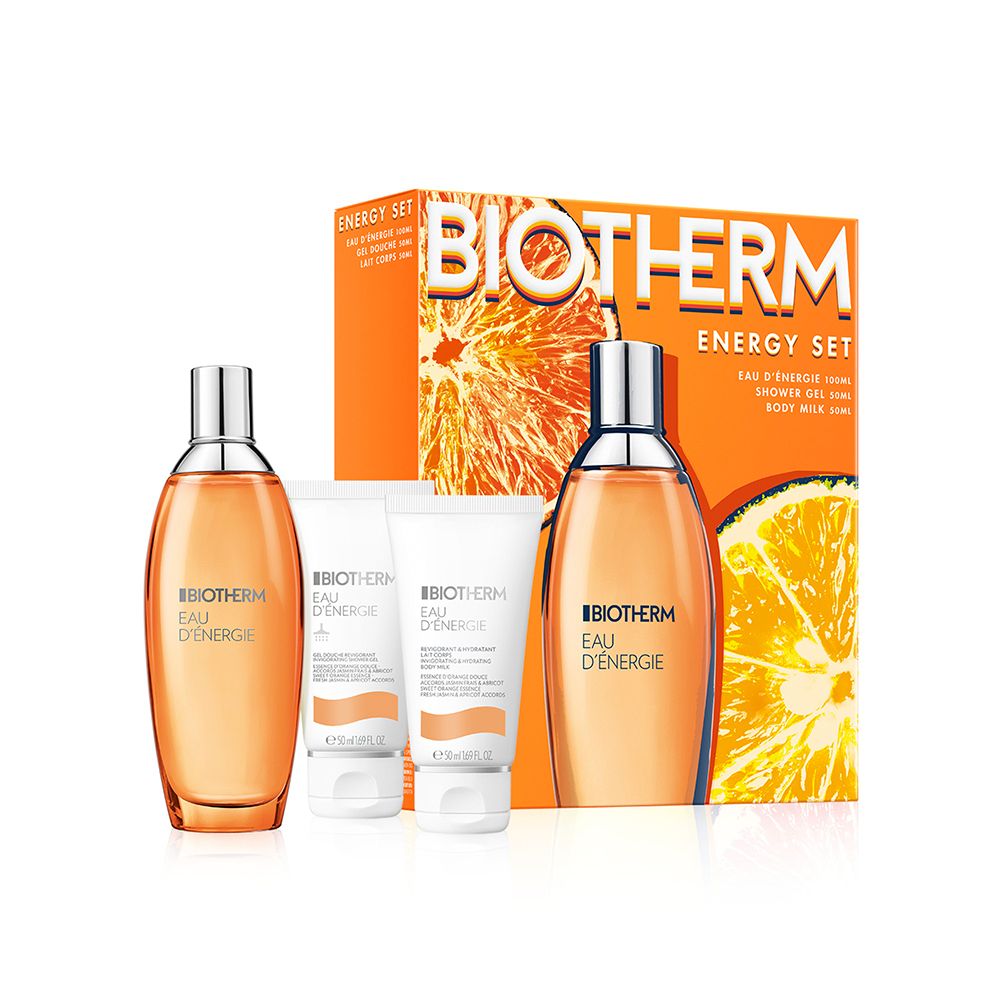 Coffret cadeau BIOTHERM Eau Energie. Comprend flacon, gel douche et lait corporel. Emballage orange avec nom du produit.