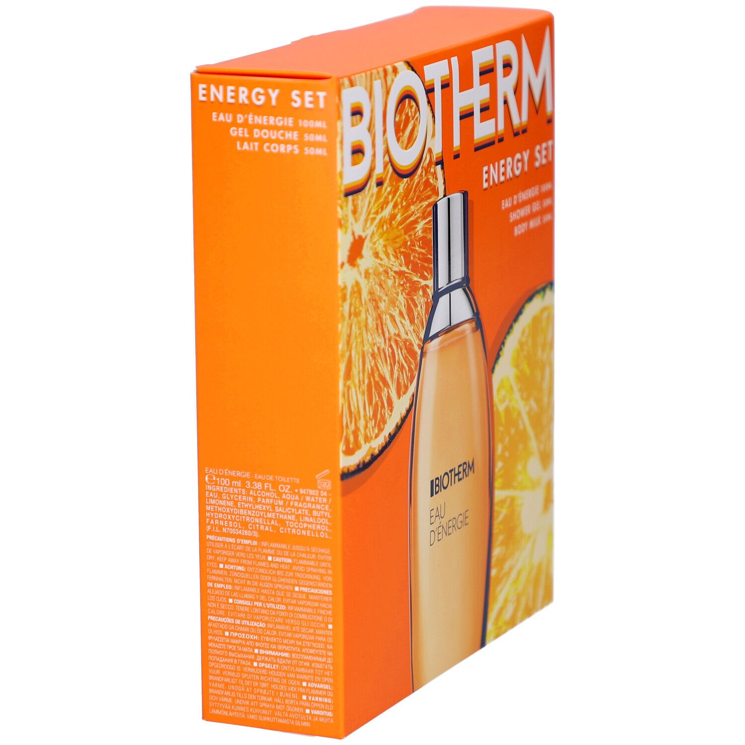 Vue latérale du coffret orange BIOTHERM. Contient Eau Energie, gel douche et lait corporel. Décor d'oranges.