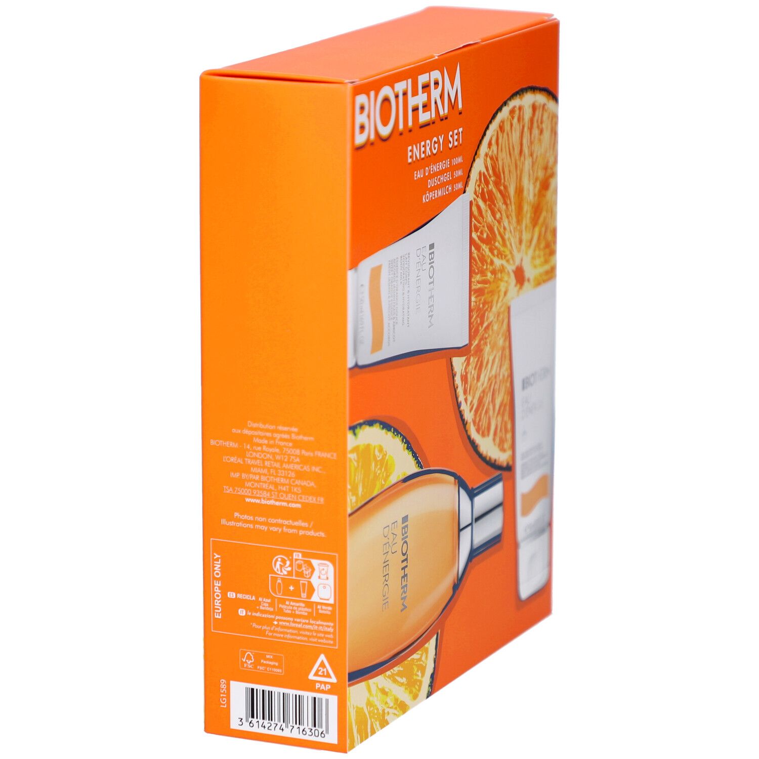 Vue latérale du coffret BIOTHERM. Contient Eau Energie, gel douche et lait corporel. Emballage orange avec décor d'oranges.