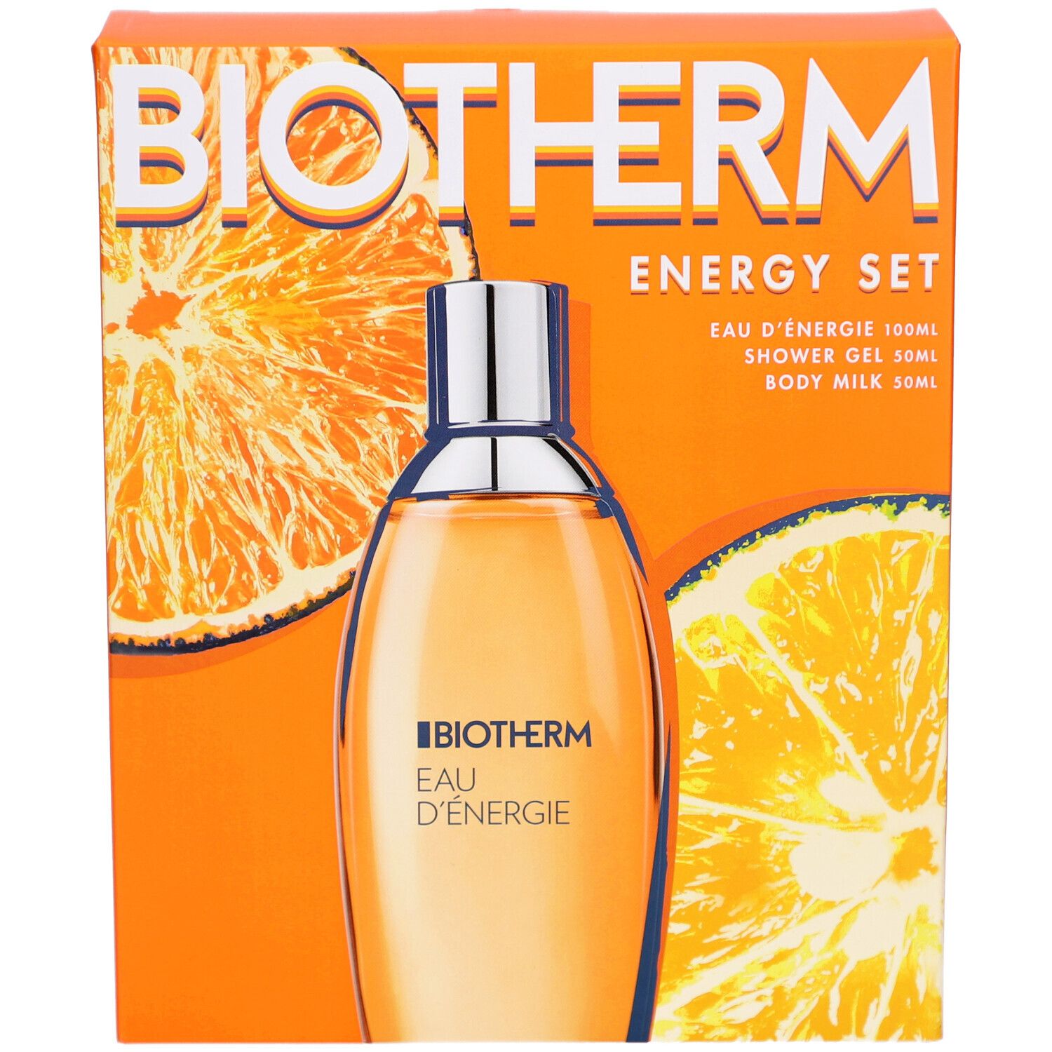 Coffret BIOTHERM avec Eau Energie. Emballage orange avec décor d'oranges. Flacon et inscription Eau Energie.