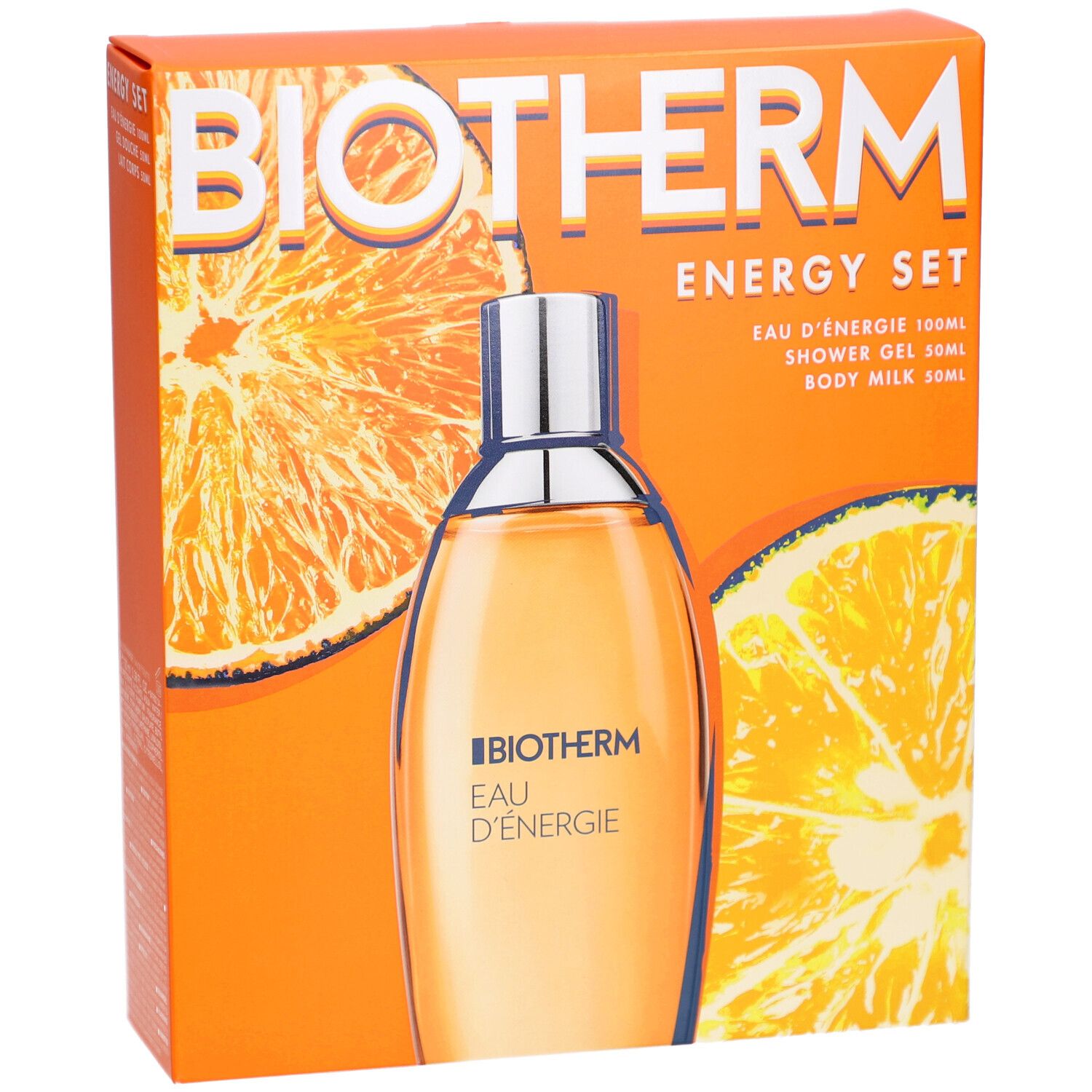 Coffret BIOTHERM avec Eau Energie. Emballage orange avec décor d'oranges. Flacon et inscription Eau Energie.