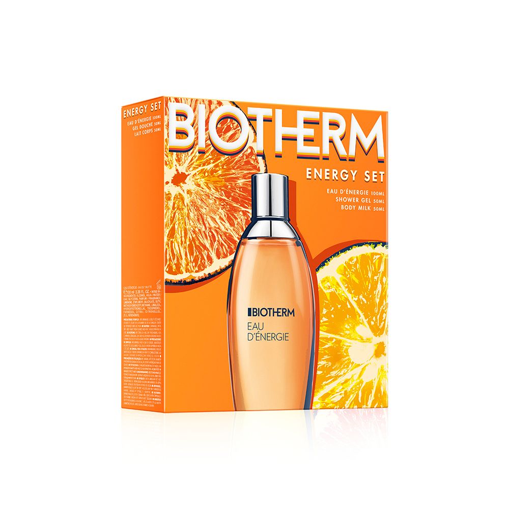 Coffret BIOTHERM Energy Set. Emballage orange avec flacon. Nom du produit et illustrations d'oranges sur l'emballage.