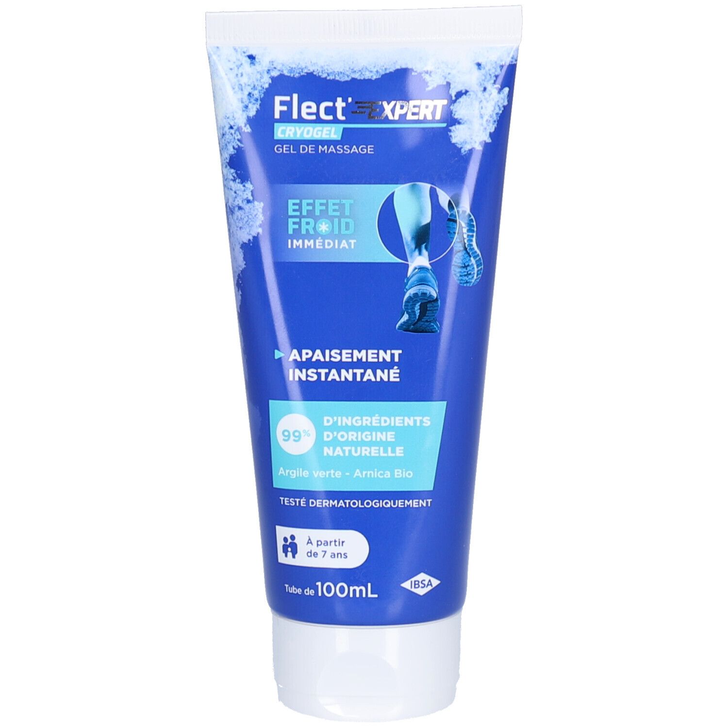 Tube bleu et blanc. Inscription: Flect'Expert Cryogel, Gel de massage, Effet Froid Immédiat. Contient 99% d'ingrédients naturels.