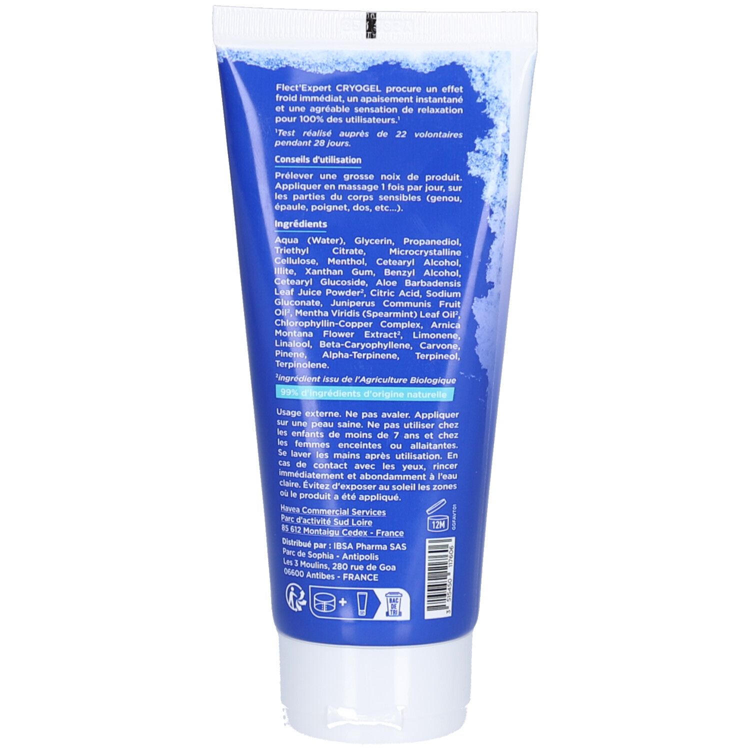 Dos du tube. Texte: Flect'Expert Cryogel, conseils d'utilisation, ingrédients, précautions d'emploi. Couleurs bleu et blanc.
