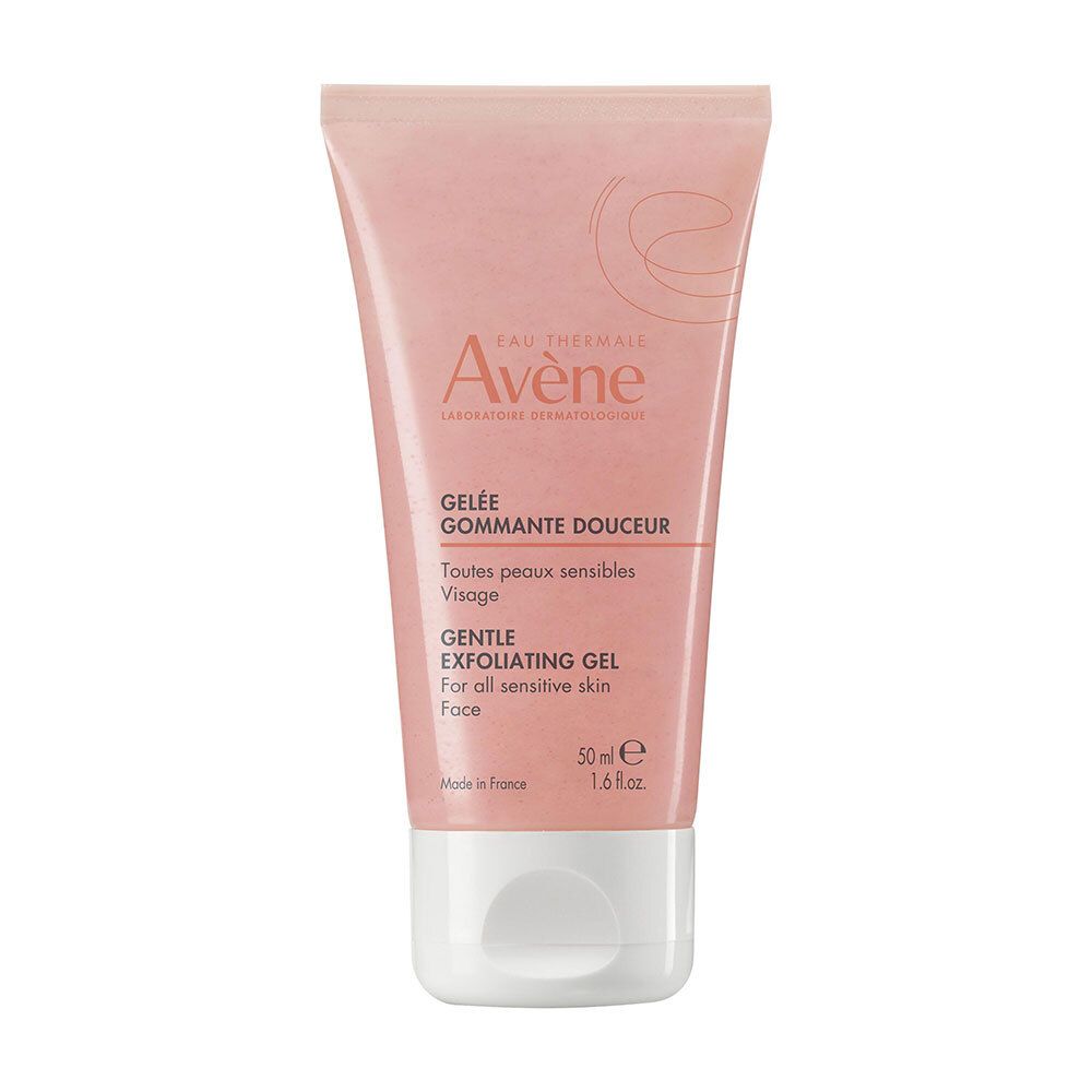 Tube rose avec bouchon blanc. Inscription: AVENE, GELÉE GOMMANTE DOUCEUR, Gentle Exfoliating Gel. Pour peaux sensibles.