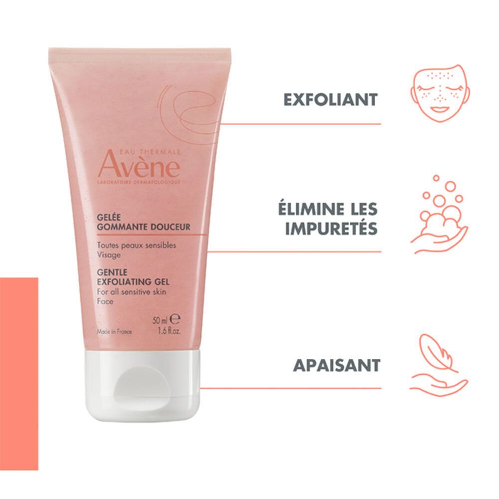 Tube avec texte et icônes. Texte: EXFOLIANT, ÉLIMINE LES IMPURETÉS, APAISANT. Icônes: visage, bulle de savon, plume.