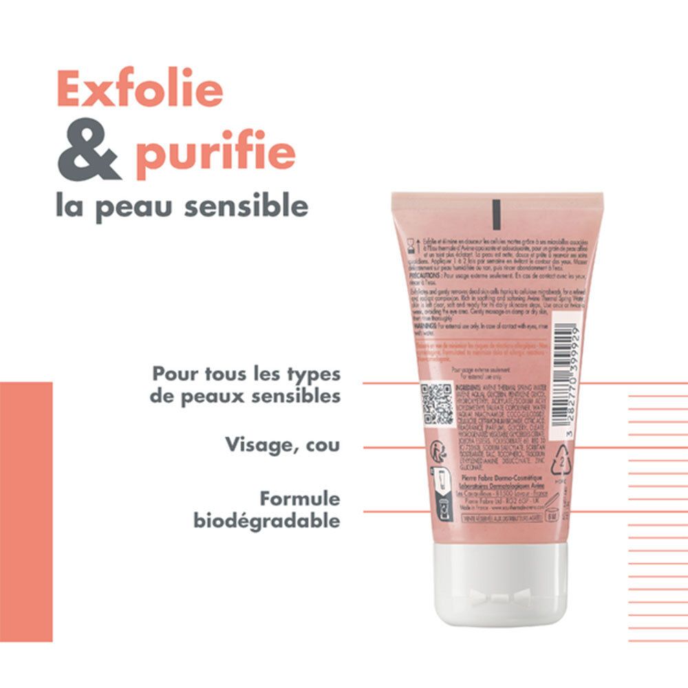 Tube avec texte. Texte: Exfolie & purifie la peau sensible. Pour tous les types de peaux sensibles. Visage, cou. Formule biodégradable.
