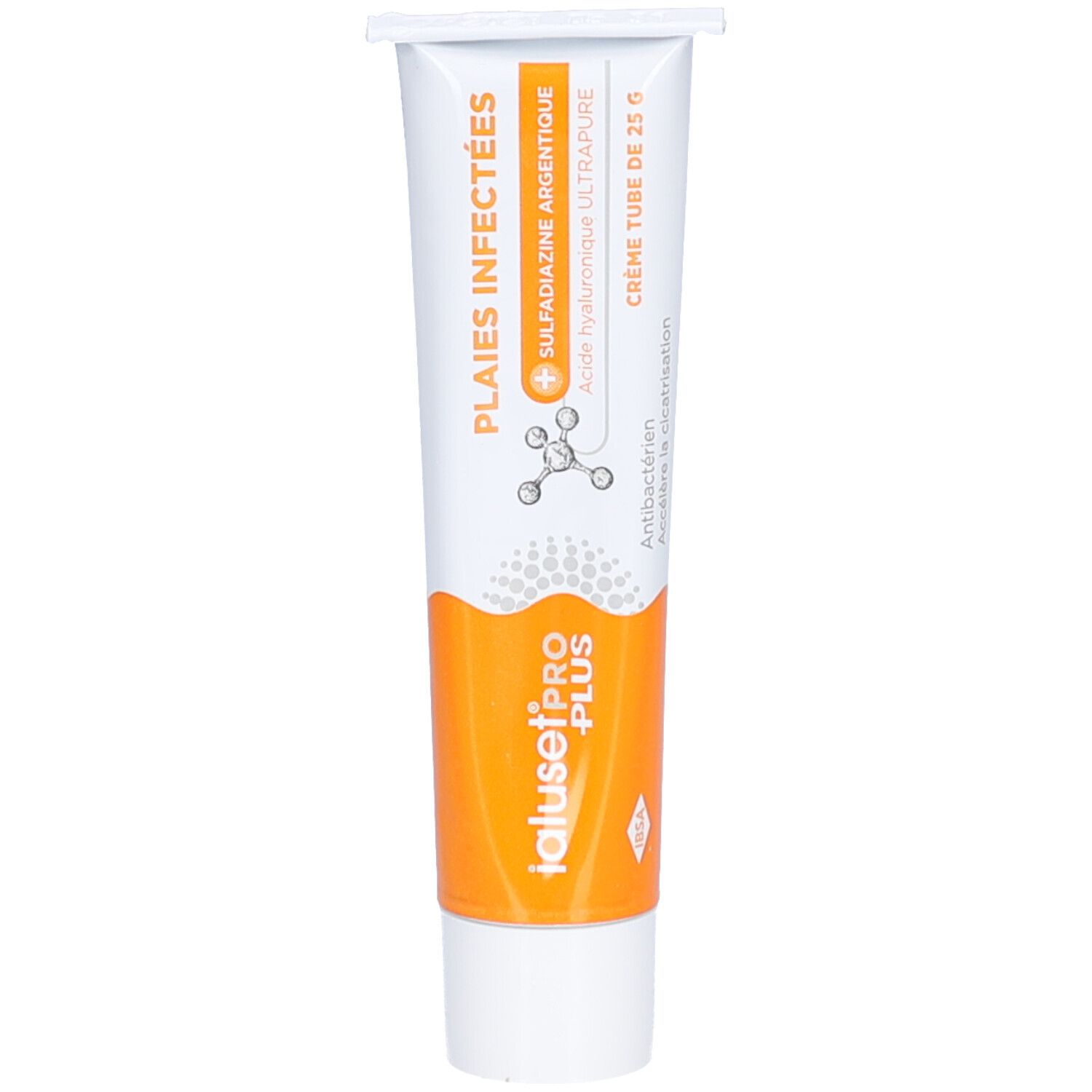 Tube de crème IalusetPRO PLUS, blanc-orange. Inscription : Plaies Infectées, Sulfadiazine argentique, Acide hyaluronique ultrapure. Contenu : 25 g.