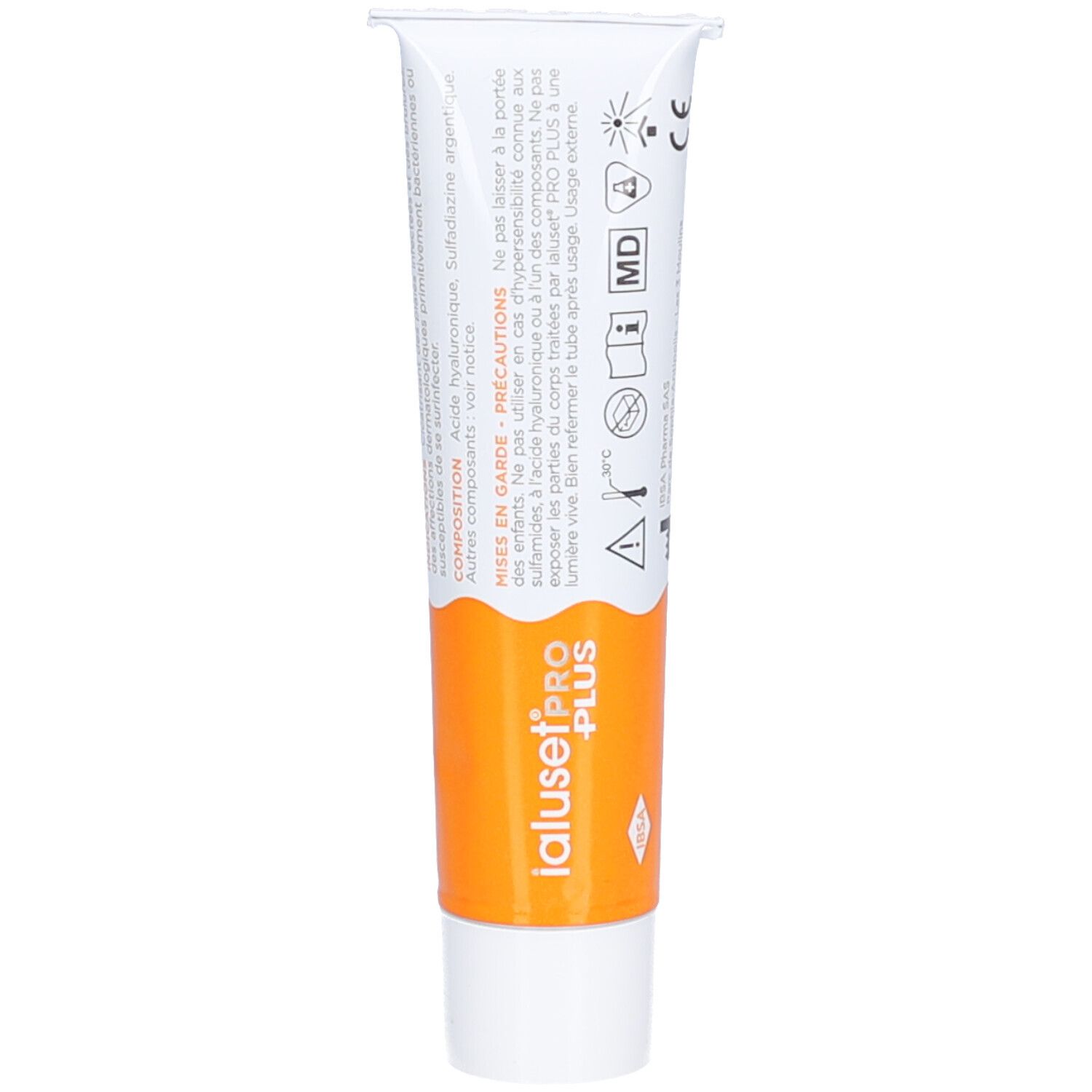 Tube de crème IalusetPRO PLUS, blanc-orange. Inscriptions : Précautions, Avertissements. Symboles et texte. Contenu : 25 g.