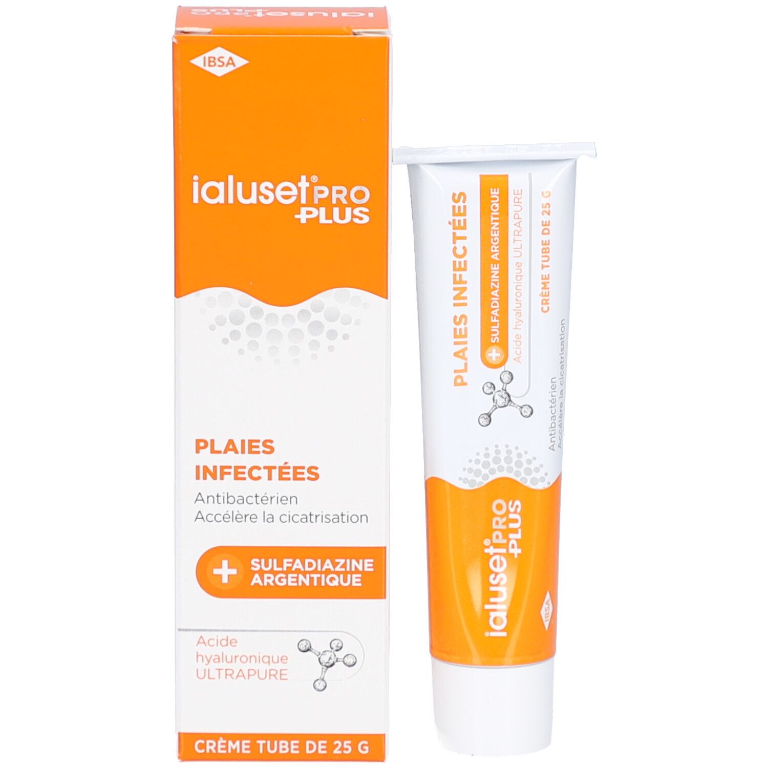 Tube de crème IalusetPRO PLUS et emballage. Emballage orange avec texte blanc. Inscription : Plaies Infectées, Sulfadiazine argentique, Acide hyaluronique ultrapure.