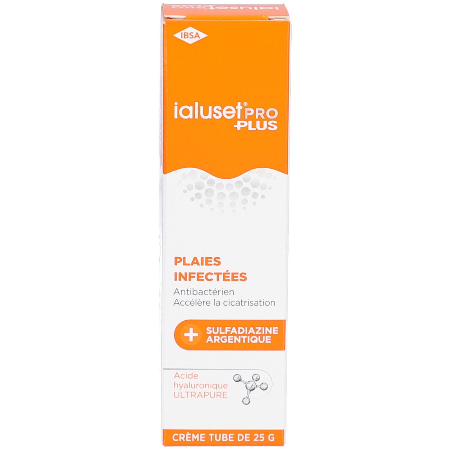 Emballage IalusetPRO PLUS, orange. Inscription : Plaies Infectées, Antibactérien, accélère la cicatrisation. Sulfadiazine argentique, Acide hyaluronique ultrapure.