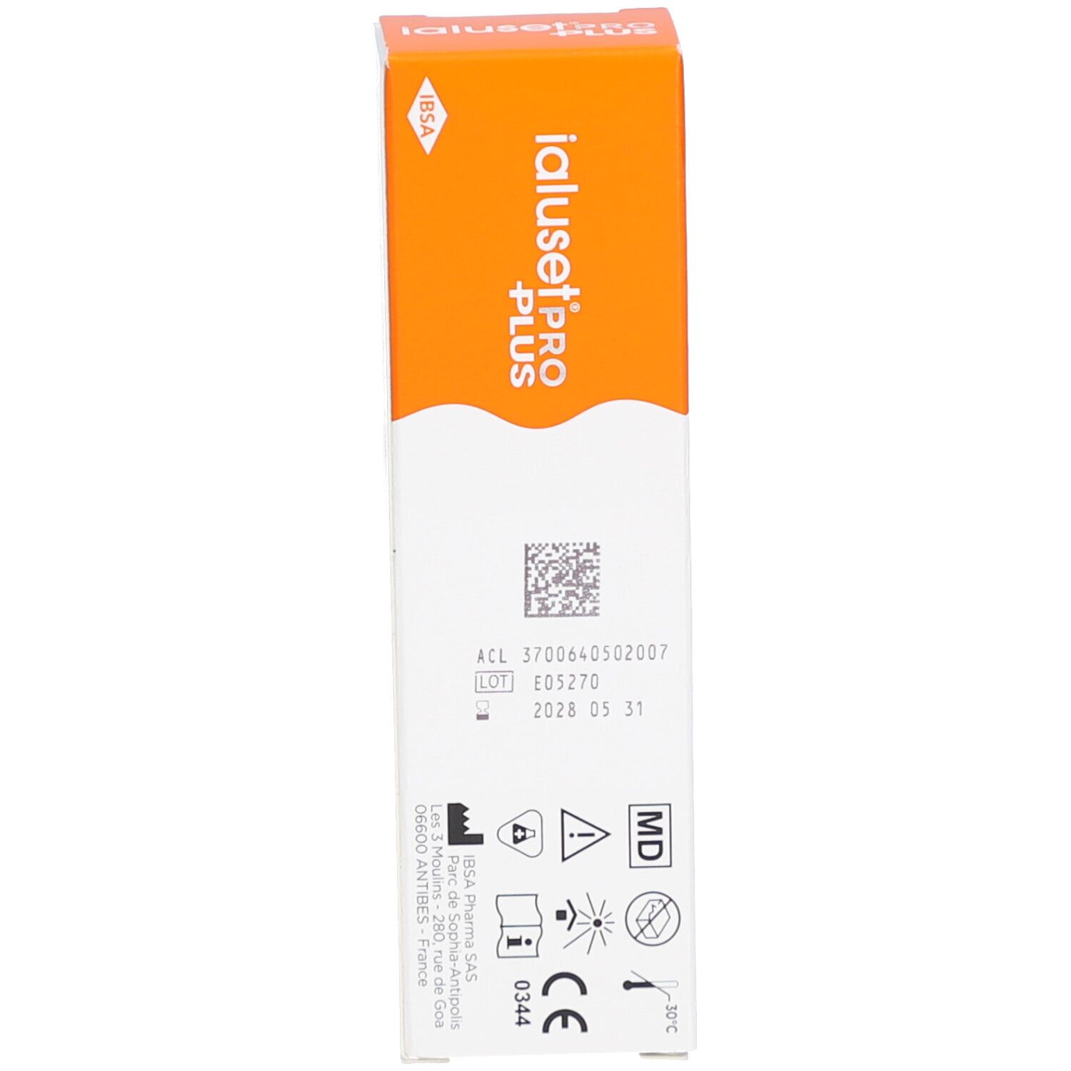 Emballage IalusetPRO PLUS, orange. Dos avec texte et symboles. Inscriptions : ACL, E05270, 2028 05 31. Symbole MD.
