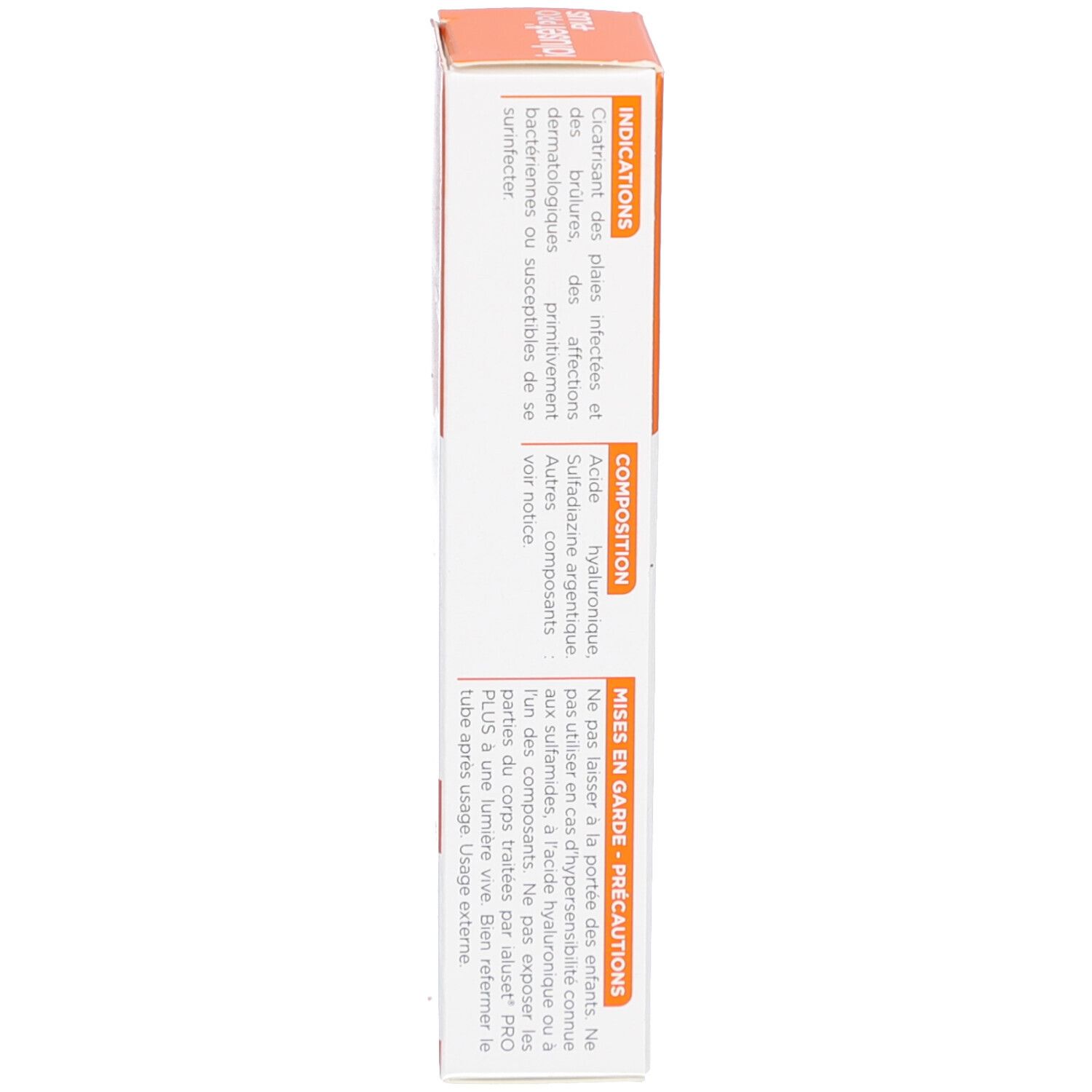 Emballage IalusetPRO PLUS, orange. Côté avec texte. Inscriptions : Indications, Composition, Précautions. Texte en français.