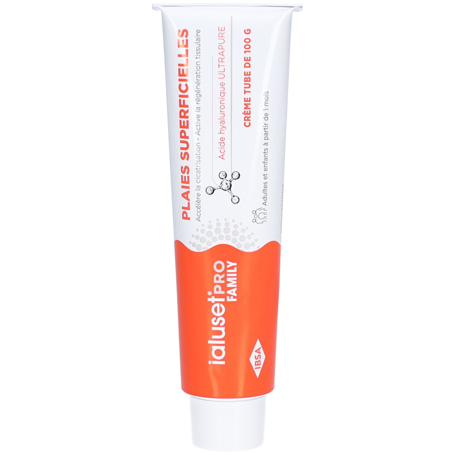 Tube de crème pour plaies superficielles. Contient de l'acide hyaluronique. Design orange et blanc. Texte: IALUSETPRO FAMILY, 100g.