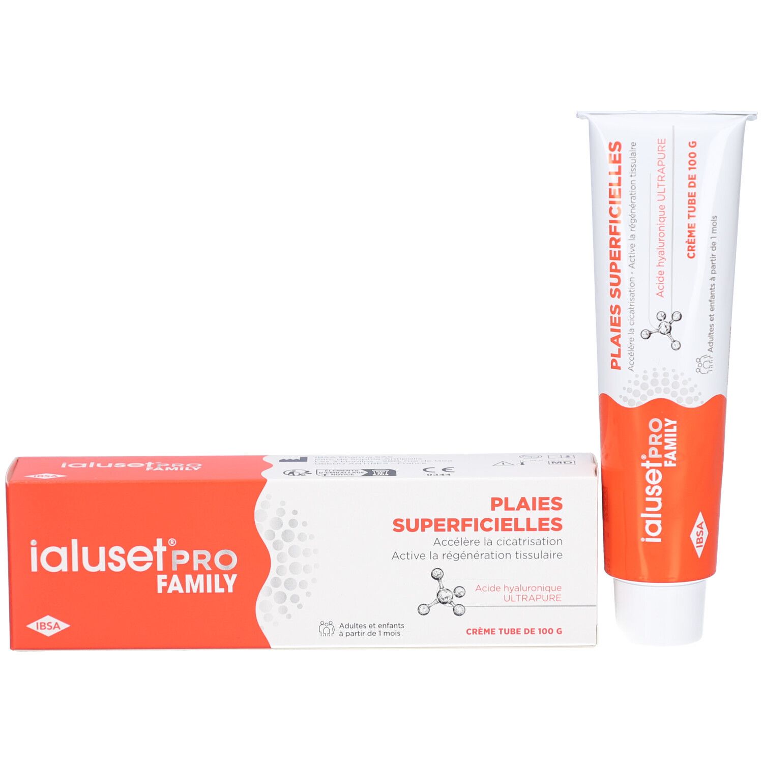 Tube de crème et boîte. Tube: blanc-orange, texte: IALUSETPRO FAMILY. Boîte: orange-blanc, texte: PLAIES SUPERFICIELLES.