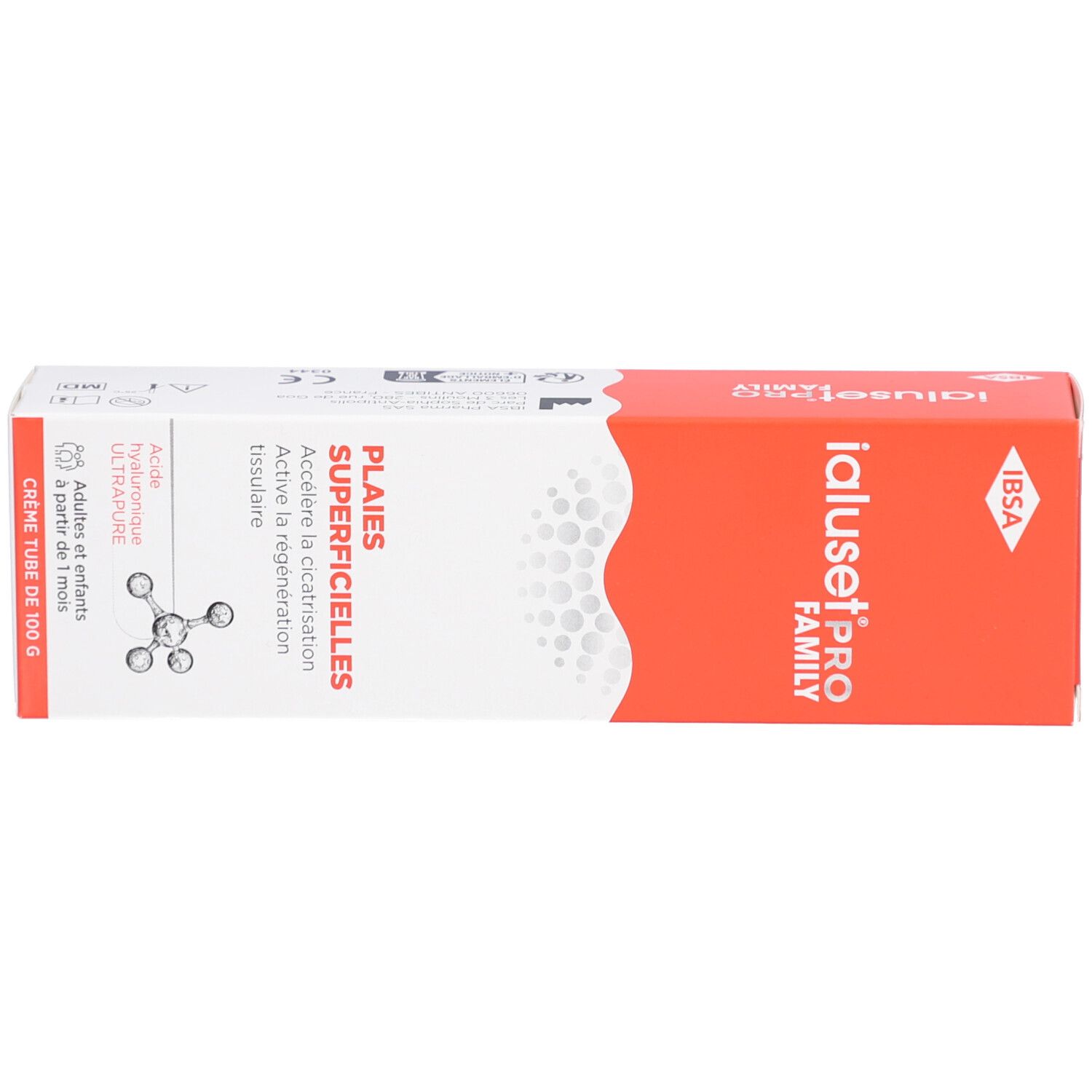 Boîte. Texte: PLAIES SUPERFICIELLES, IALUSETPRO FAMILY. Contient de l'acide hyaluronique. Design orange et blanc.