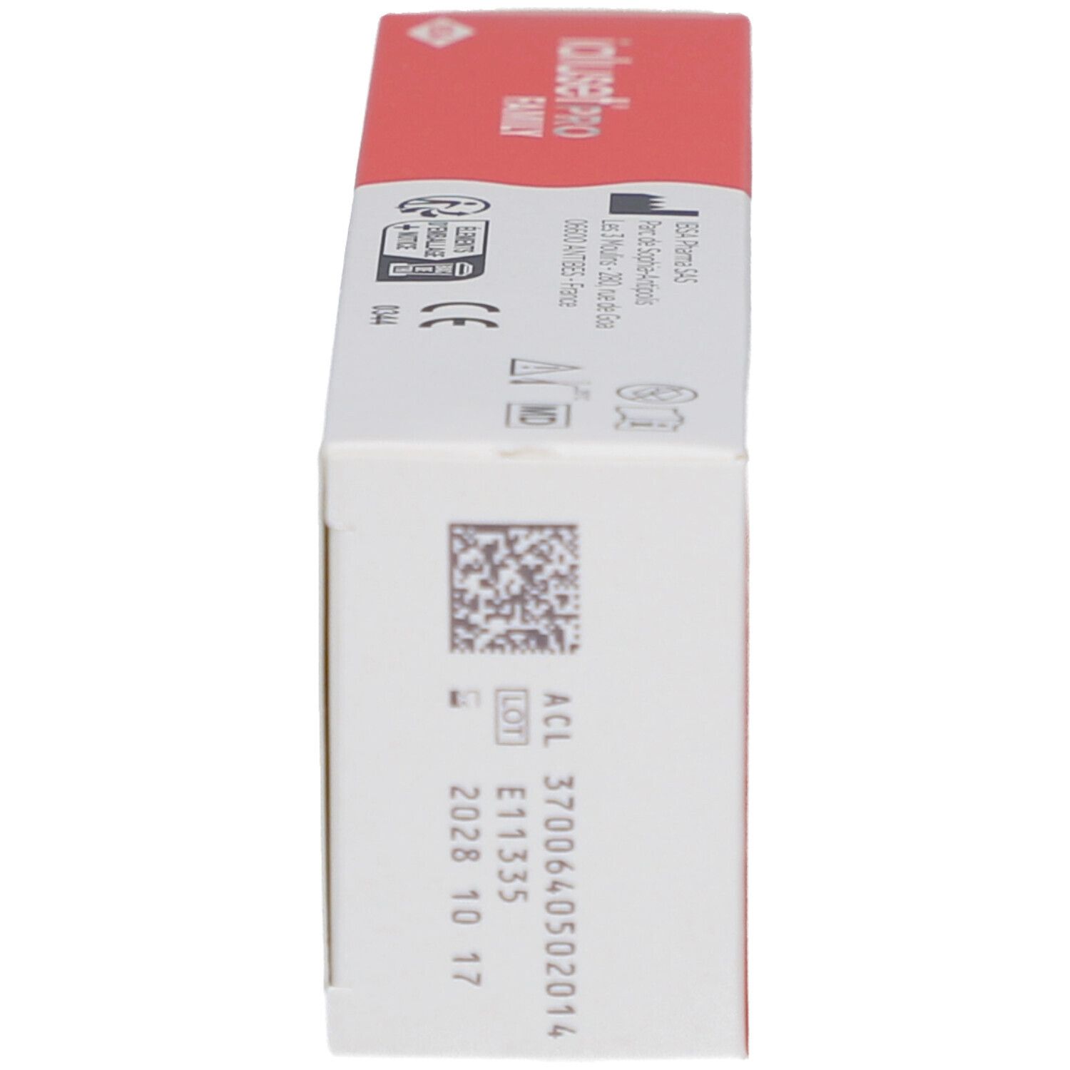 Boîte, dos. Texte: Numéro de lot, date de péremption. Code-barres. Logo IBSA. Dispositif médical.