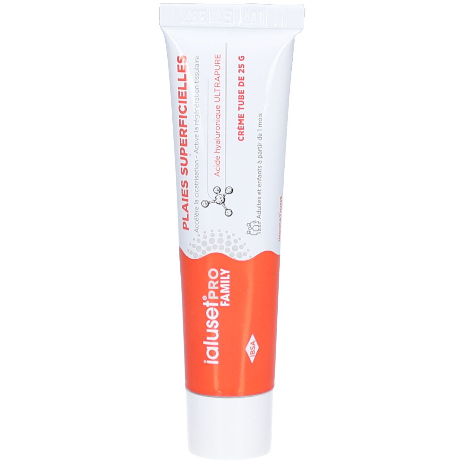 Tube IalusetPRO FAMILY, blanc et orange. Texte: Plaies Superficelles, Acide hyaluronique, Crème Tube de 25 G.