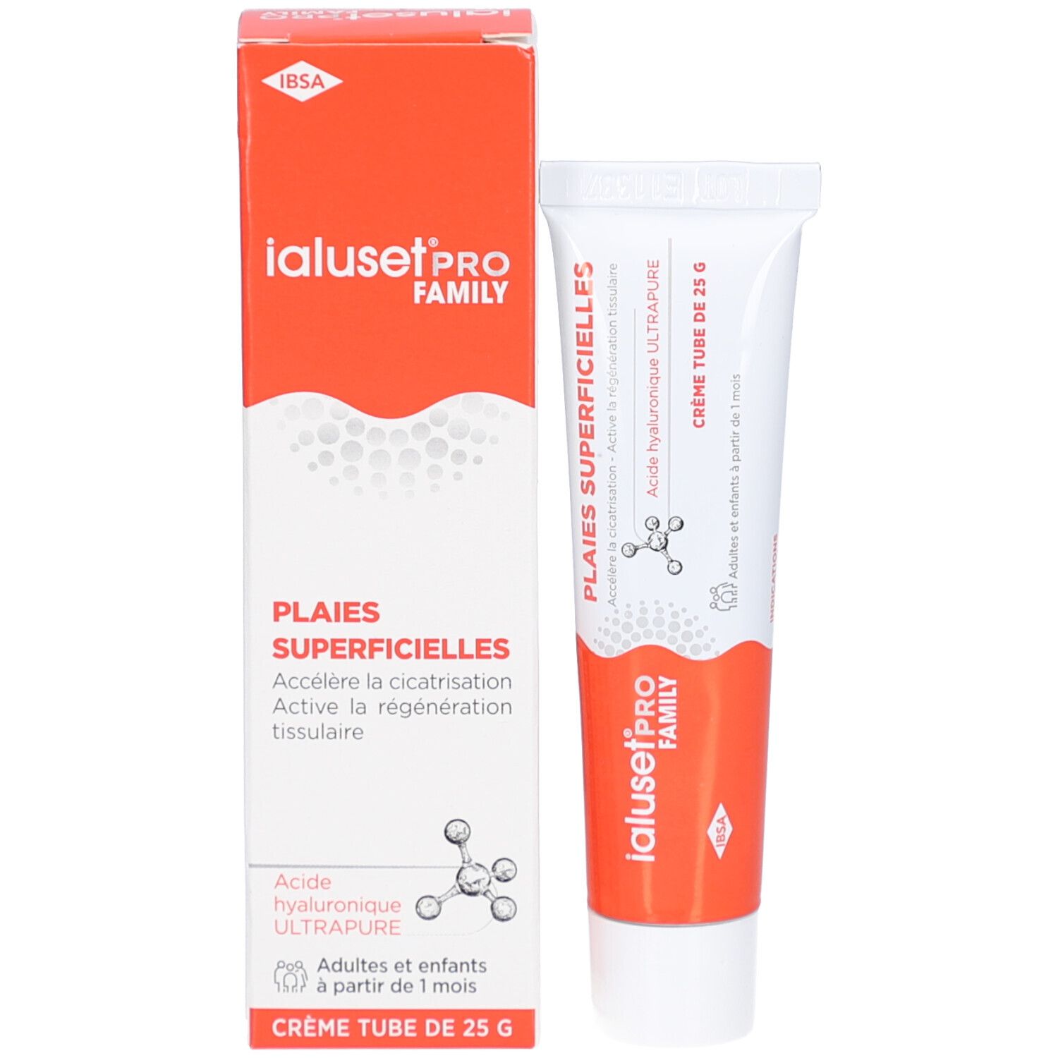 Boîte et tube IalusetPRO FAMILY. Texte: Plaies Superficelles, Acide hyaluronique, Crème Tube de 25 G.
