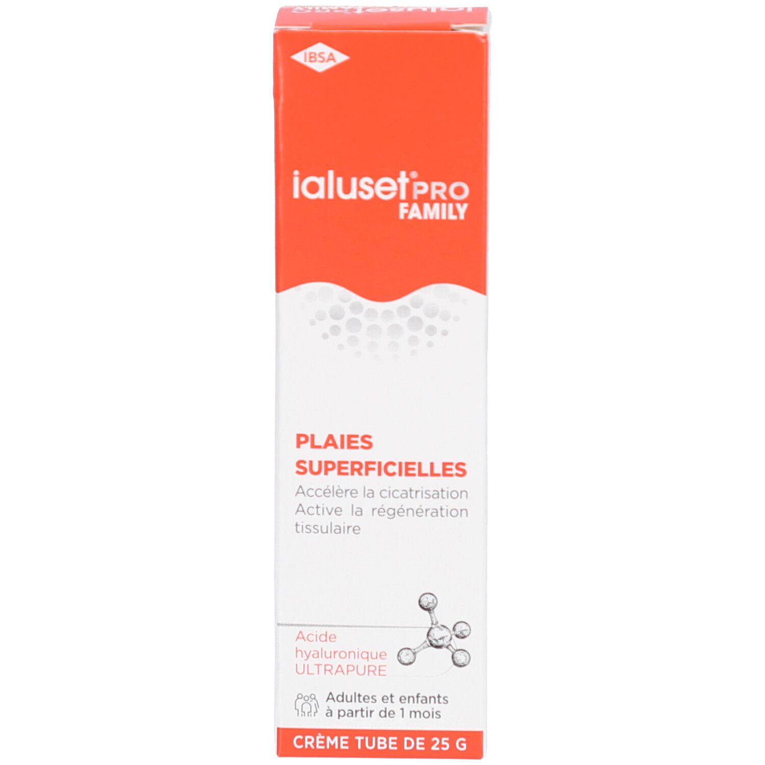 Boîte IalusetPRO FAMILY. Texte: Plaies Superficelles, Acide hyaluronique, Crème Tube de 25 G.