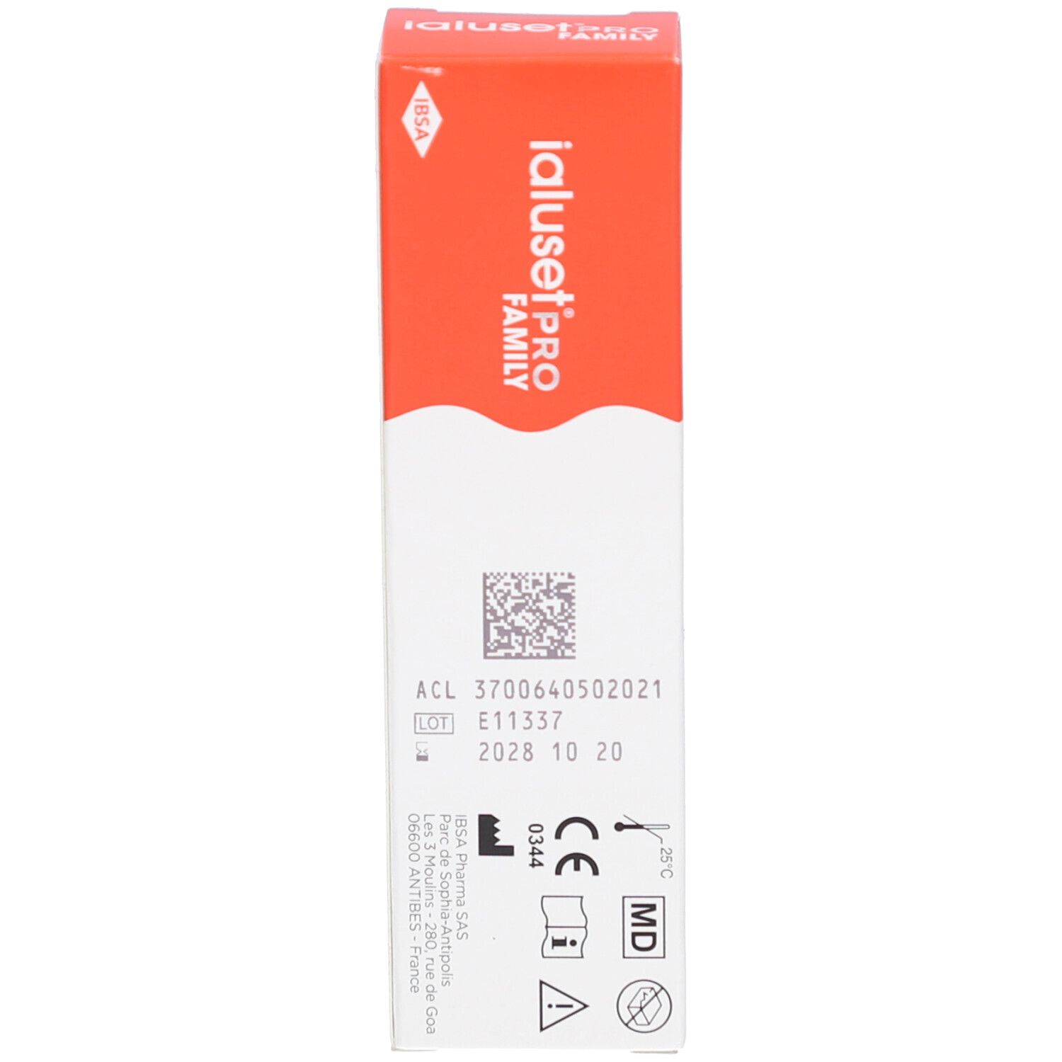 Dos de la boîte IalusetPRO FAMILY. Texte: Numéro de lot, date de péremption, marquage CE, symbole MD.