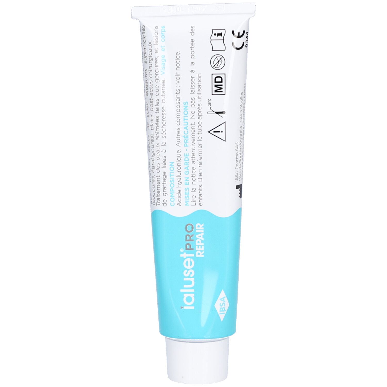 Dos du tube. Texte: Traitement des lésions cutanées post-actes chirurgicaux. Contient de l'acide hyaluronique. Marquage CE et symbole MD.