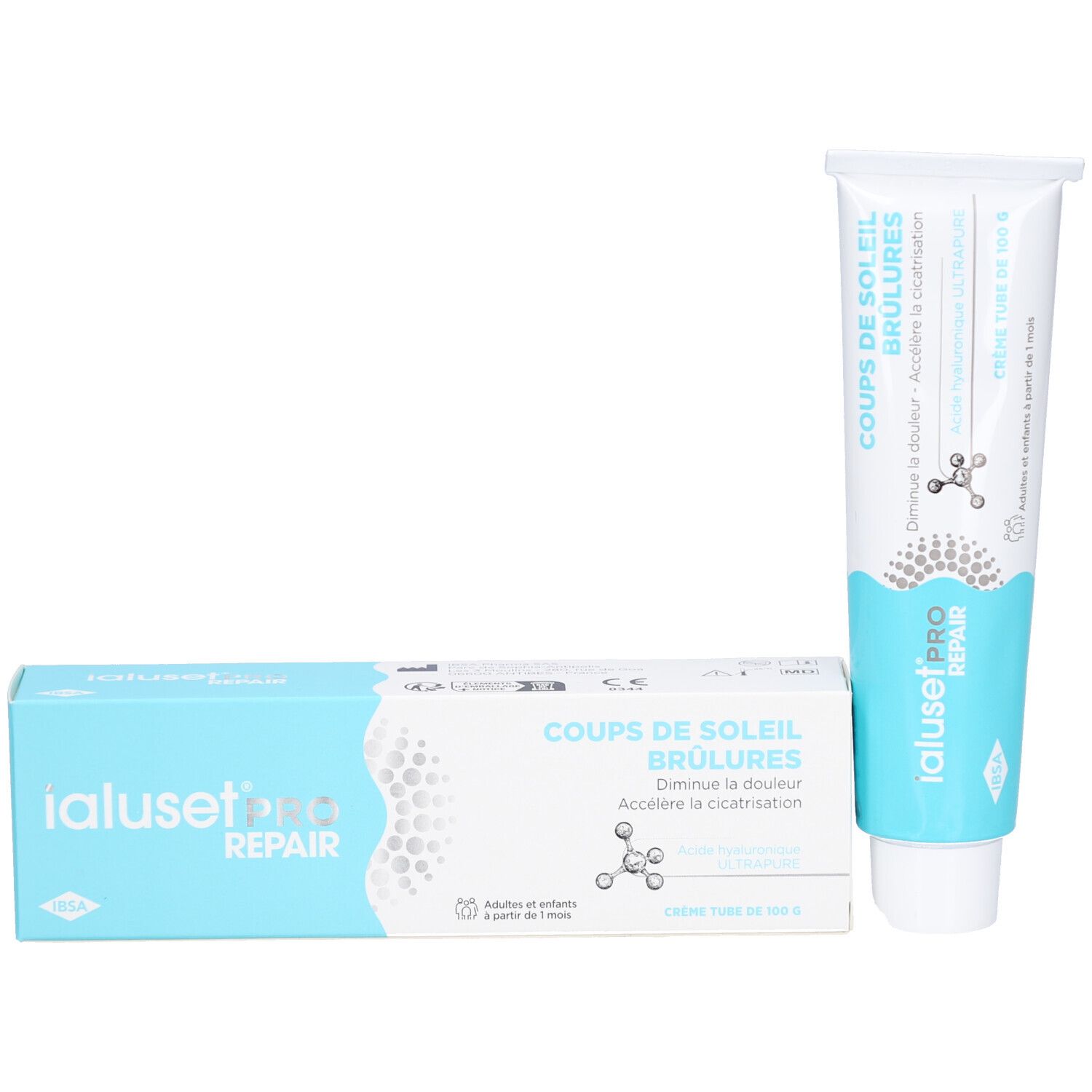 Emballage et tube. Emballage: IALUSETPRO REPAIR, COUPS DE SOLEIL BRÛLURES. Tube: blanc et bleu, IALUSETPRO REPAIR. Pour adultes et enfants dès 1 mois.