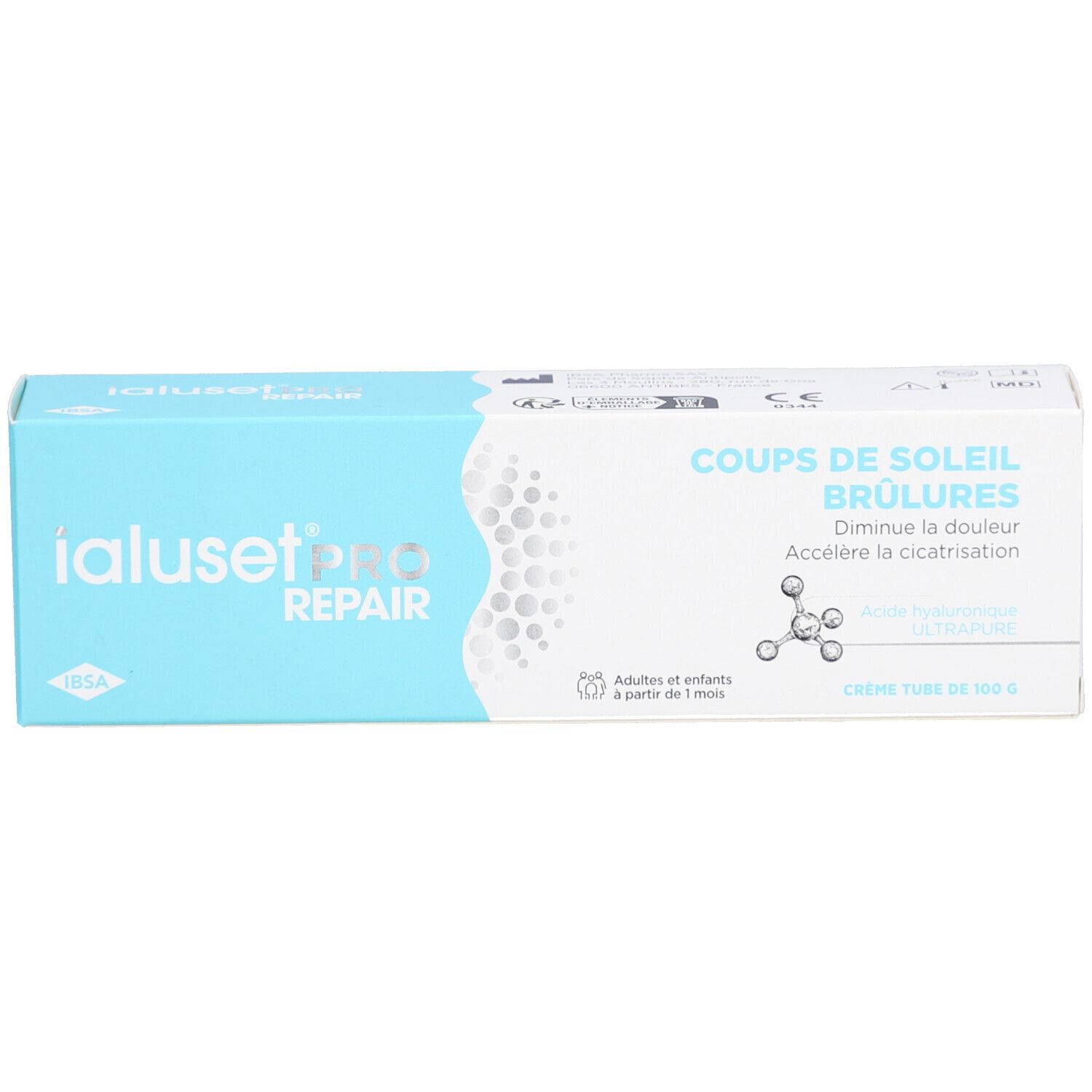 Emballage du produit. Inscription: IALUSETPRO REPAIR, COUPS DE SOLEIL BRÛLURES. Pour adultes et enfants dès 1 mois. Contient de l'acide hyaluronique.
