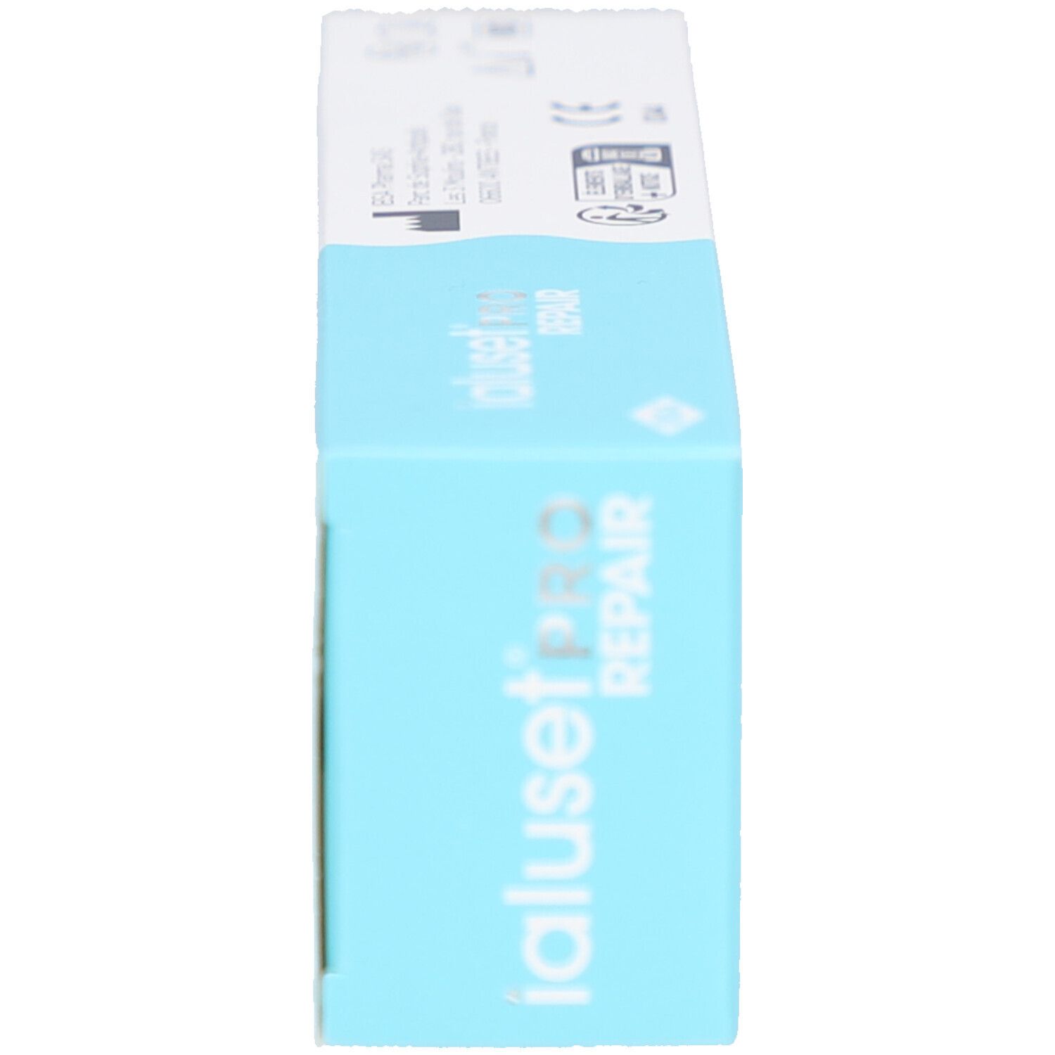 Vue latérale de l'emballage. Inscription: IALUSETPRO REPAIR. Texte et symboles. Couleurs bleu et blanc.