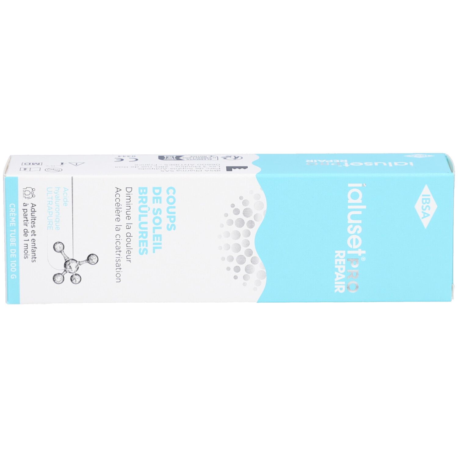 Emballage du produit. Inscription: IALUSETPRO REPAIR, COUPS DE SOLEIL BRÛLURES. Pour adultes et enfants dès 1 mois. Contient de l'acide hyaluronique.