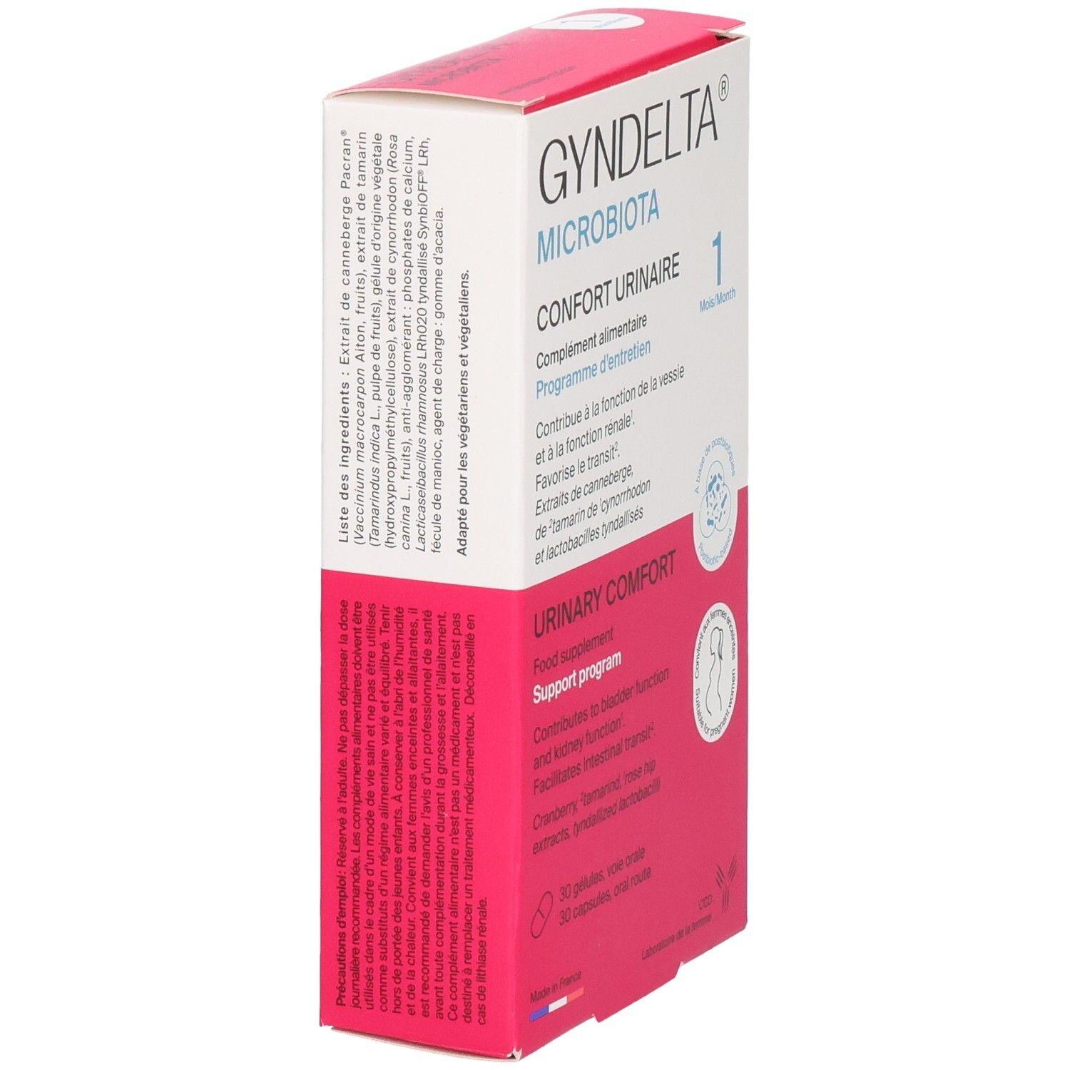 GYNDELTA MICROBIOTA: Arrière de la boîte avec liste des ingrédients et précautions.
