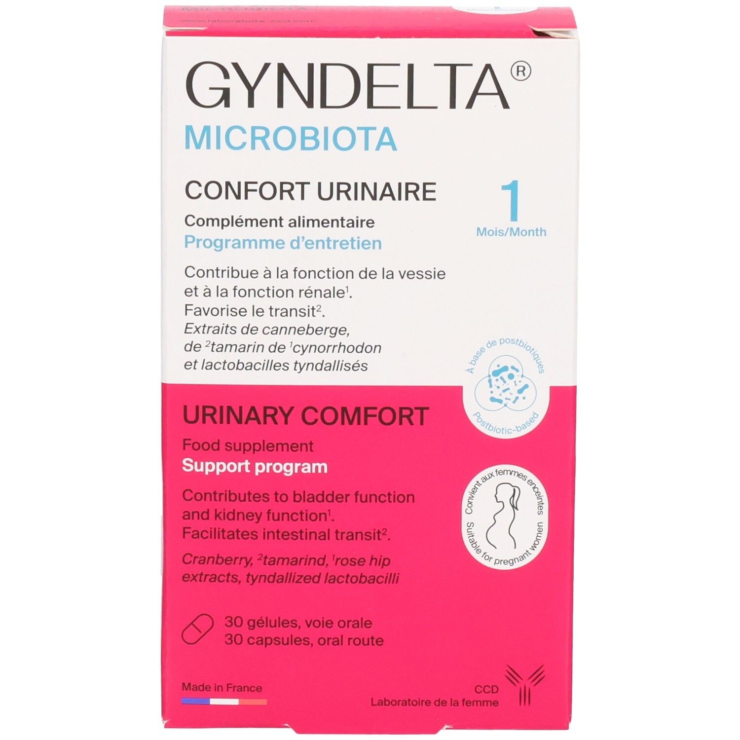 GYNDELTA MICROBIOTA: Boîte Confort urinaire, 30 gélules, face avant.