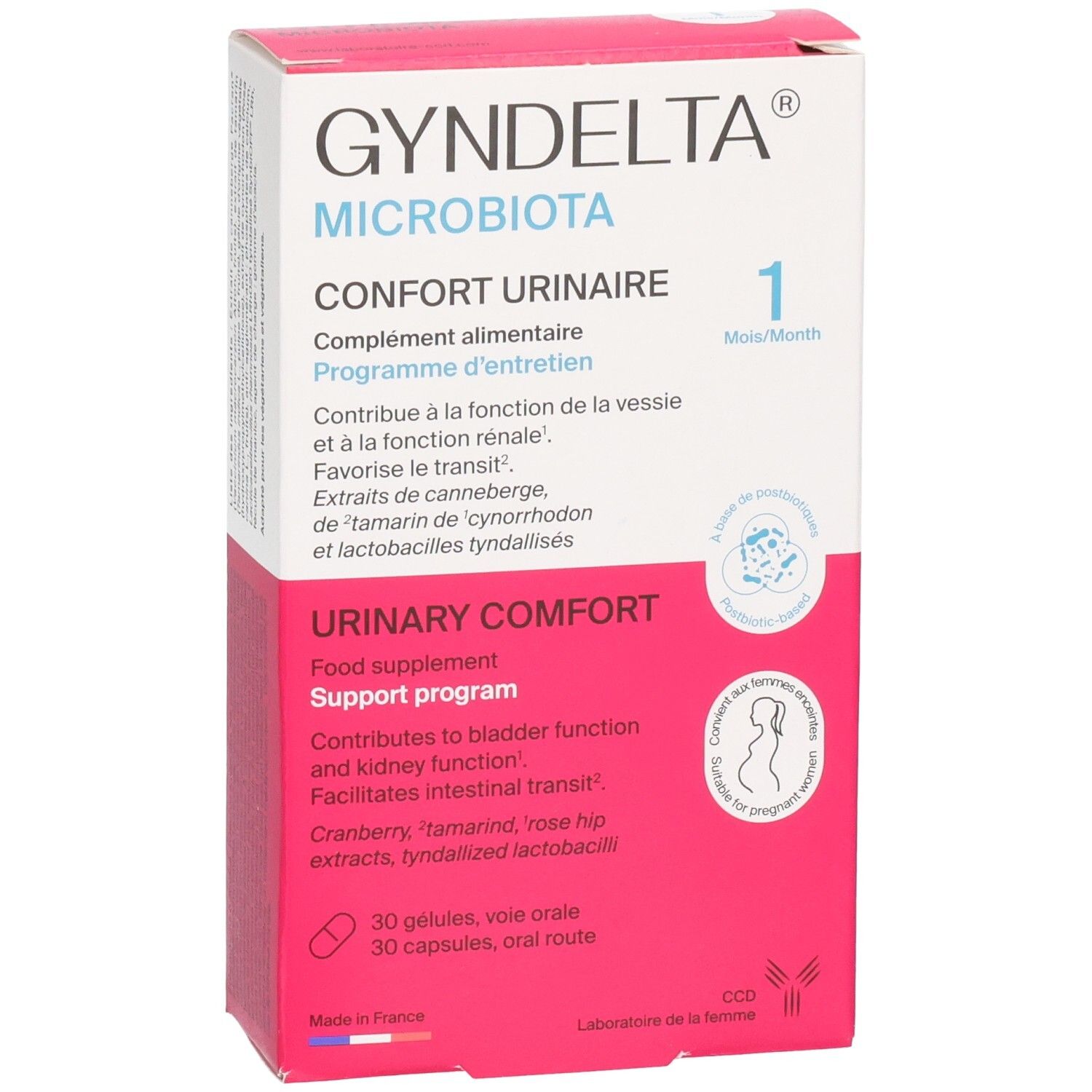 GYNDELTA MICROBIOTA: Boîte Confort urinaire, 30 gélules, vue de face.
