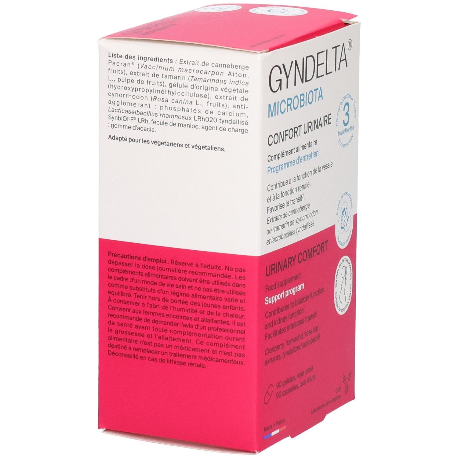 GYNDELTA MICROBIOTA: Arrière de la boîte avec ingrédients et précautions d'emploi.