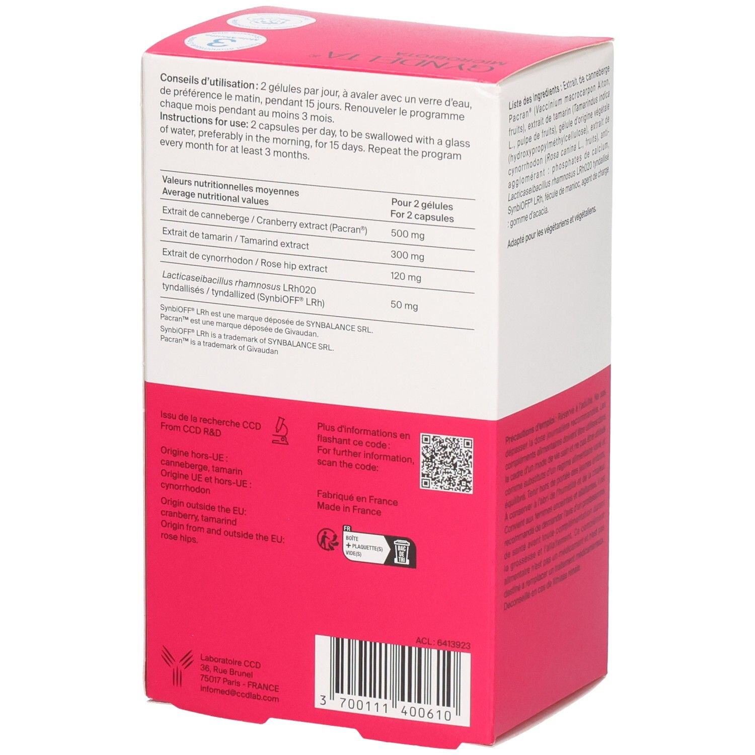 Vue latérale de la boîte CCD Gyndelta Microbiota avec valeurs nutritionnelles et origine.