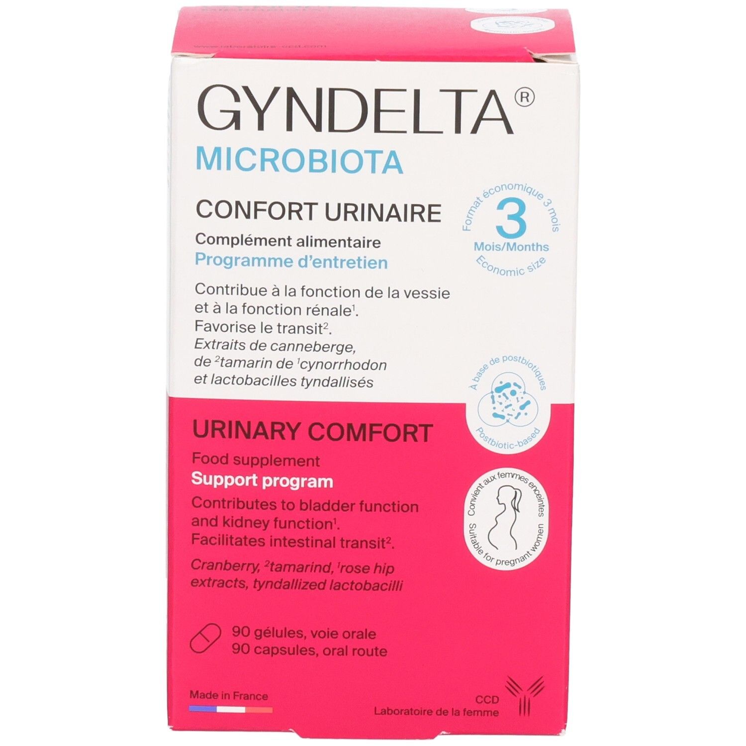 GYNDELTA MICROBIOTA: Face avant de la boîte avec informations produit et 90 gélules.