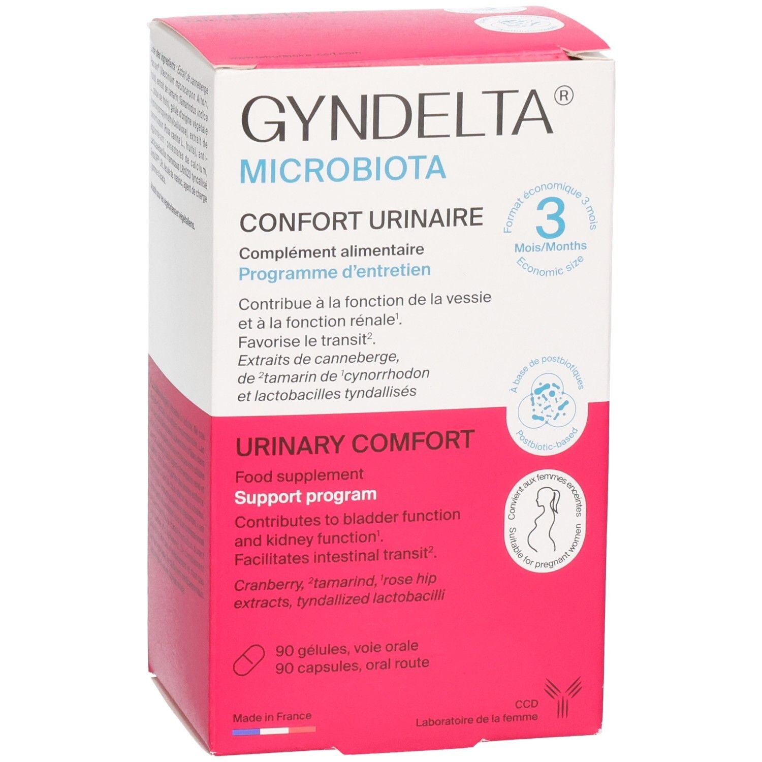 GYNDELTA MICROBIOTA: Boîte de 90 gélules pour confort urinaire, vue de face.