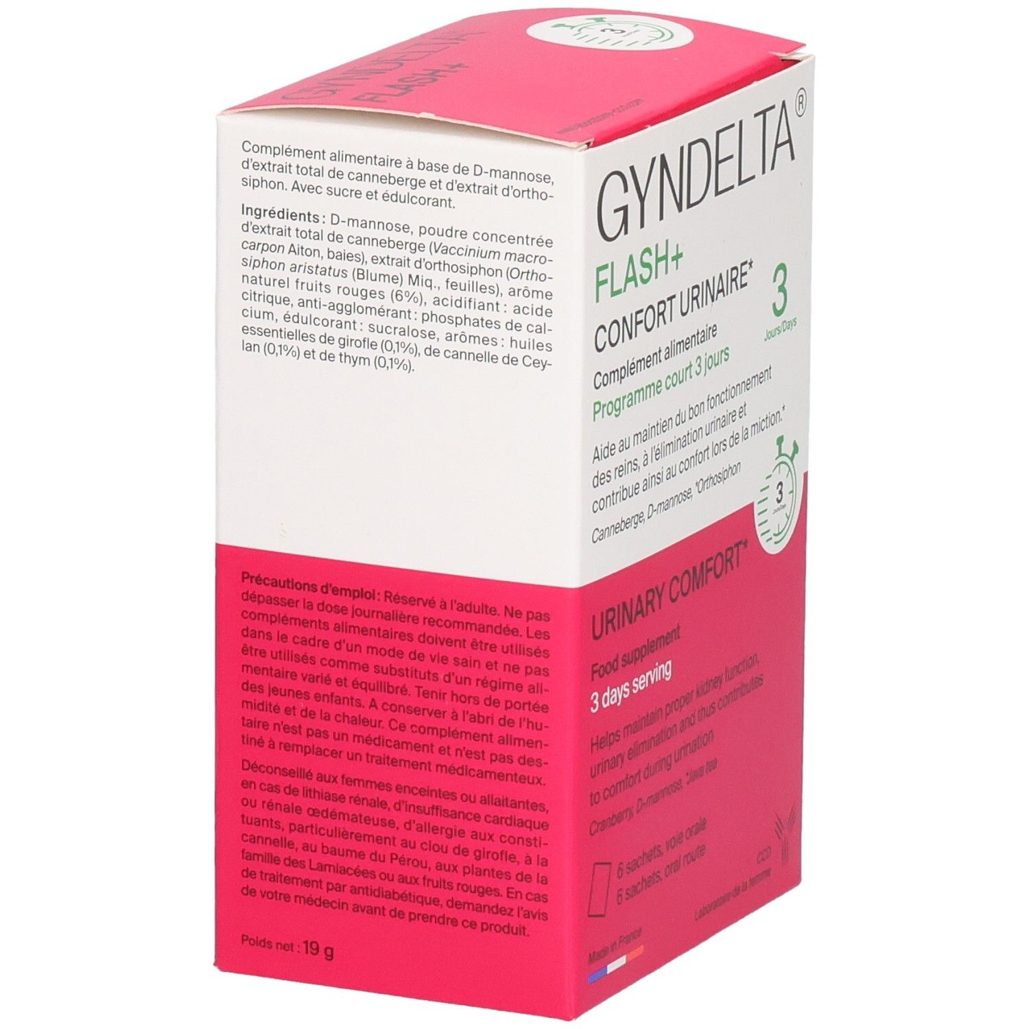 Arrière de la boîte GYNDELTA FLASH+. Liste des ingrédients avec D-Mannose, extrait de cranberry et Orthosiphon.